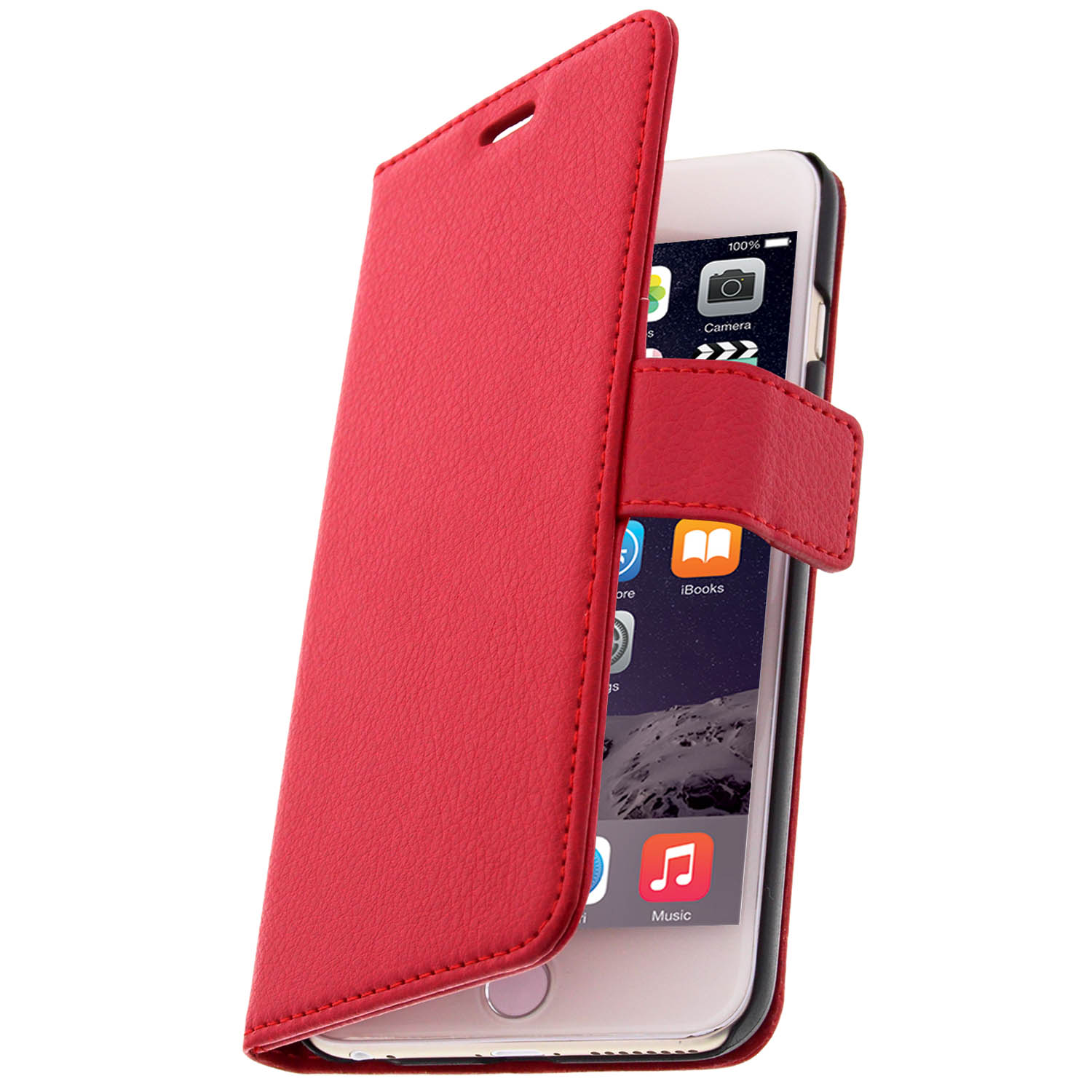 Funda roja abierta, mostrando el teléfono. La funda roja tiene solapa. iPhone con apps visibles.