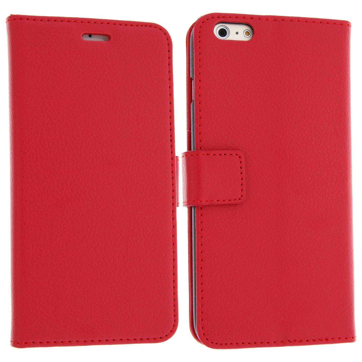 Funda roja para teléfono, abierta. Se ven dos lados. Fondo blanco.