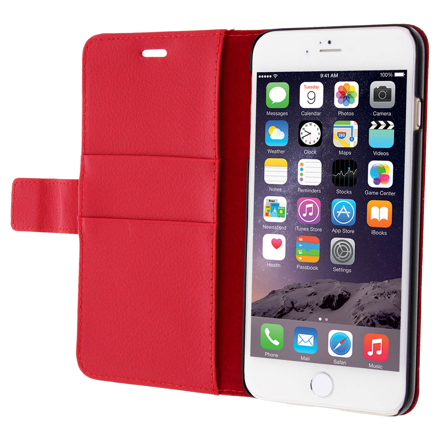 Funda de teléfono roja con un iPhone blanco. El teléfono muestra la pantalla de inicio y aplicaciones.