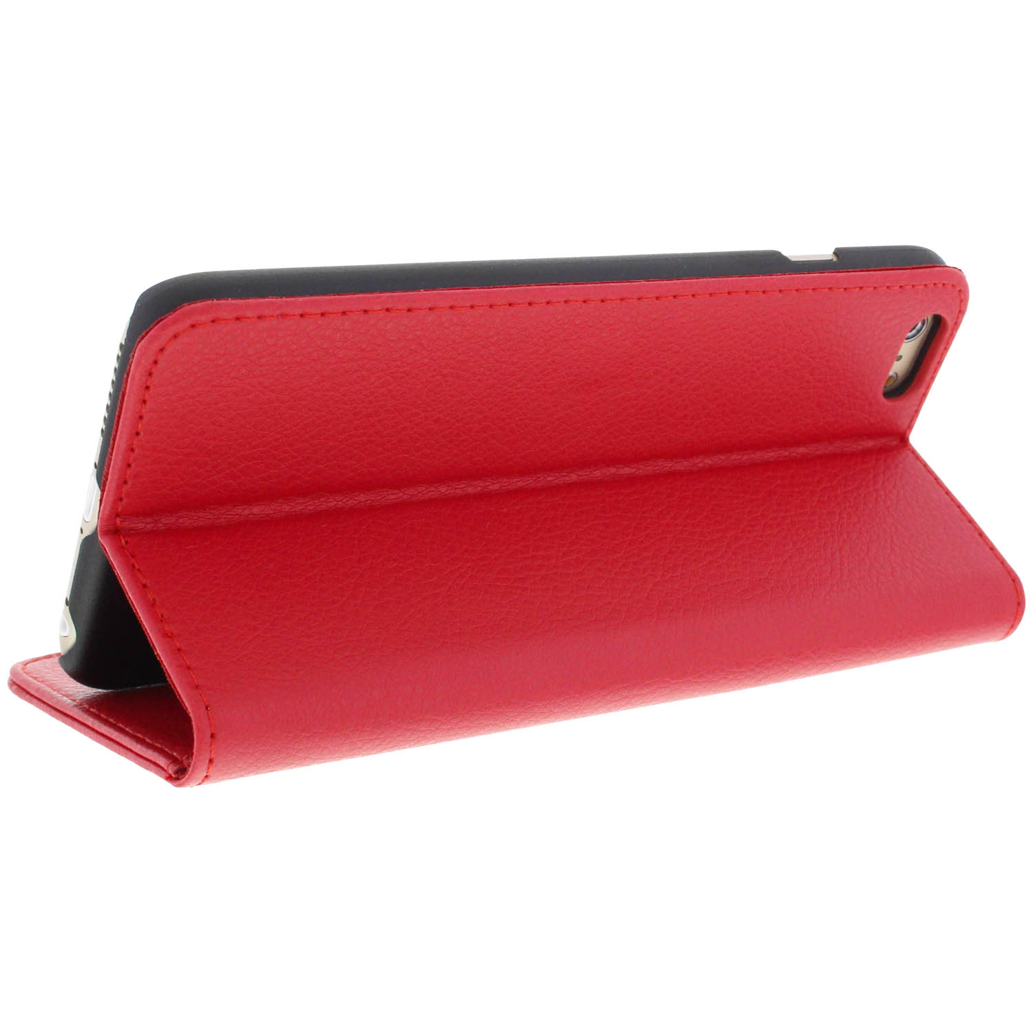 Funda de teléfono de cuero rojo. Teléfono negro dentro.