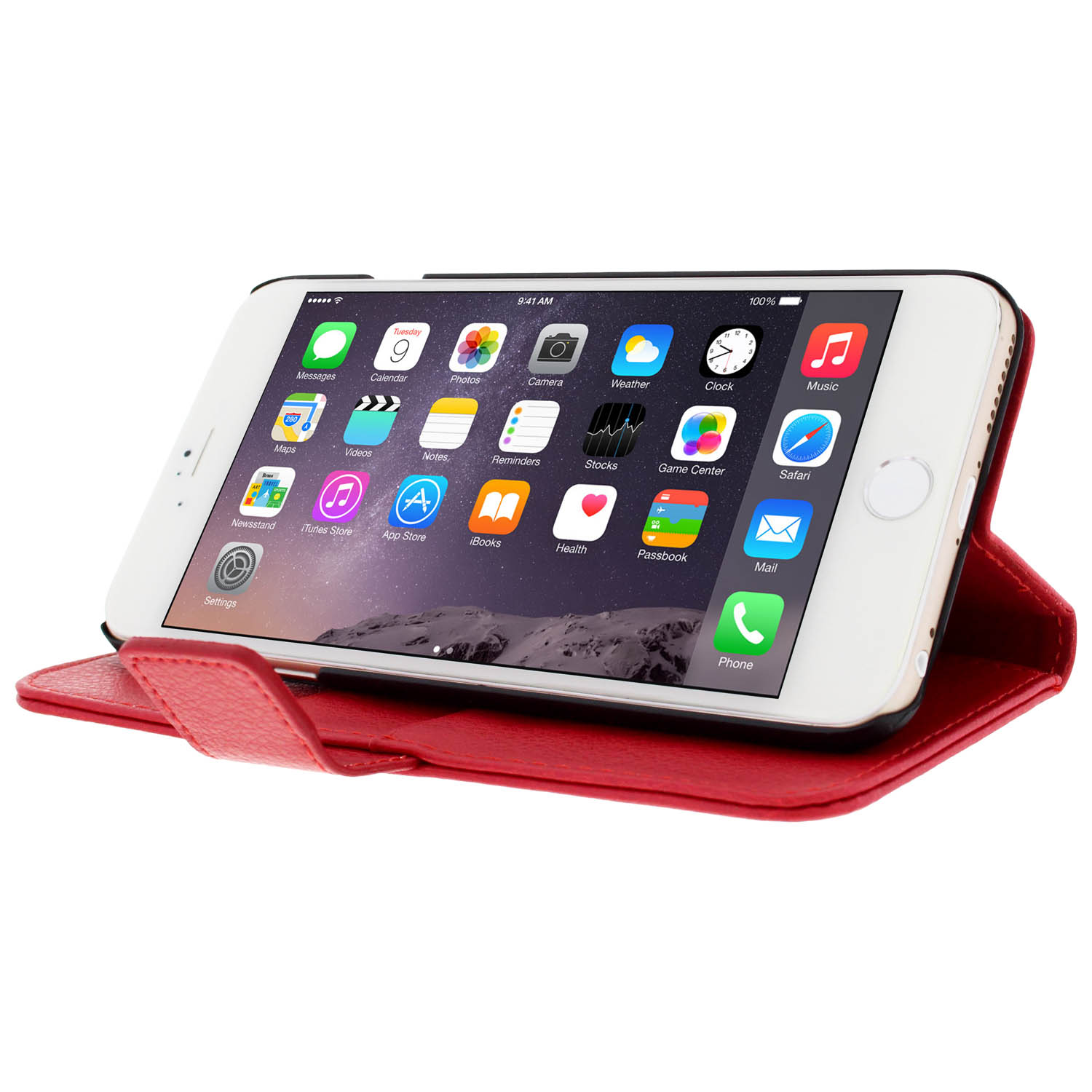 Funda de cuero roja con teléfono dentro.