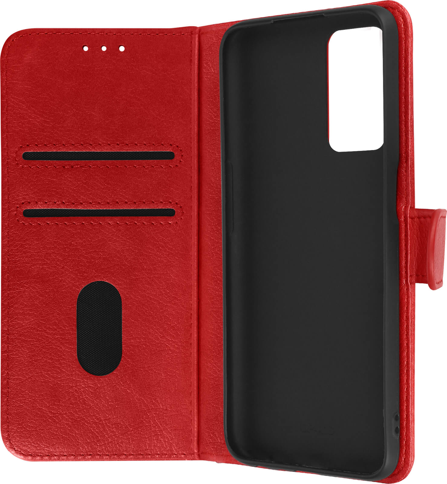 Rood telefoonhoesje, open. Toont kaartsleuven, telefoon en zwart interieur.