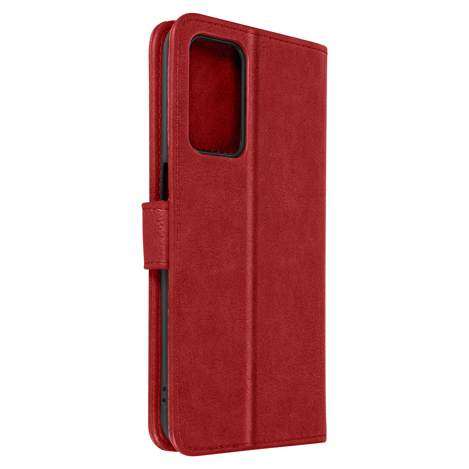 Étui de téléphone rouge, fermé, avec fermoir magnétique.