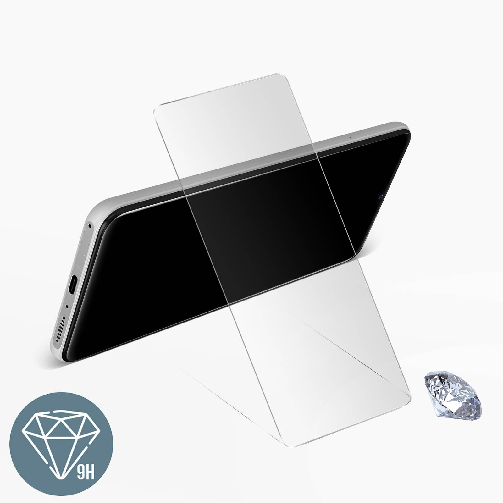 Telefono con protezione schermo. Protezione trasparente applicata. Logo diamante in basso a sinistra.