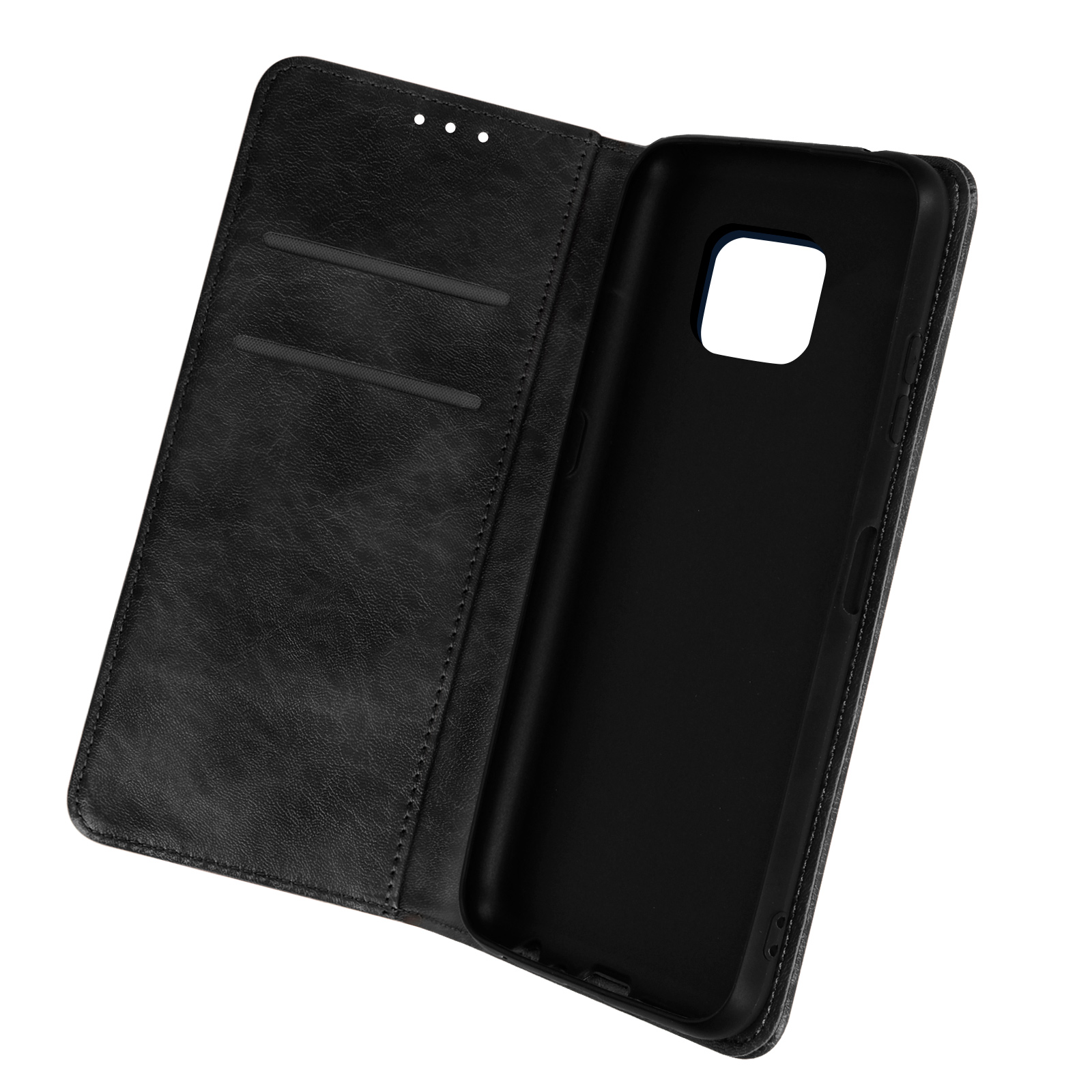 Étui noir ouvert. L'intérieur montre le support de téléphone et les fentes.