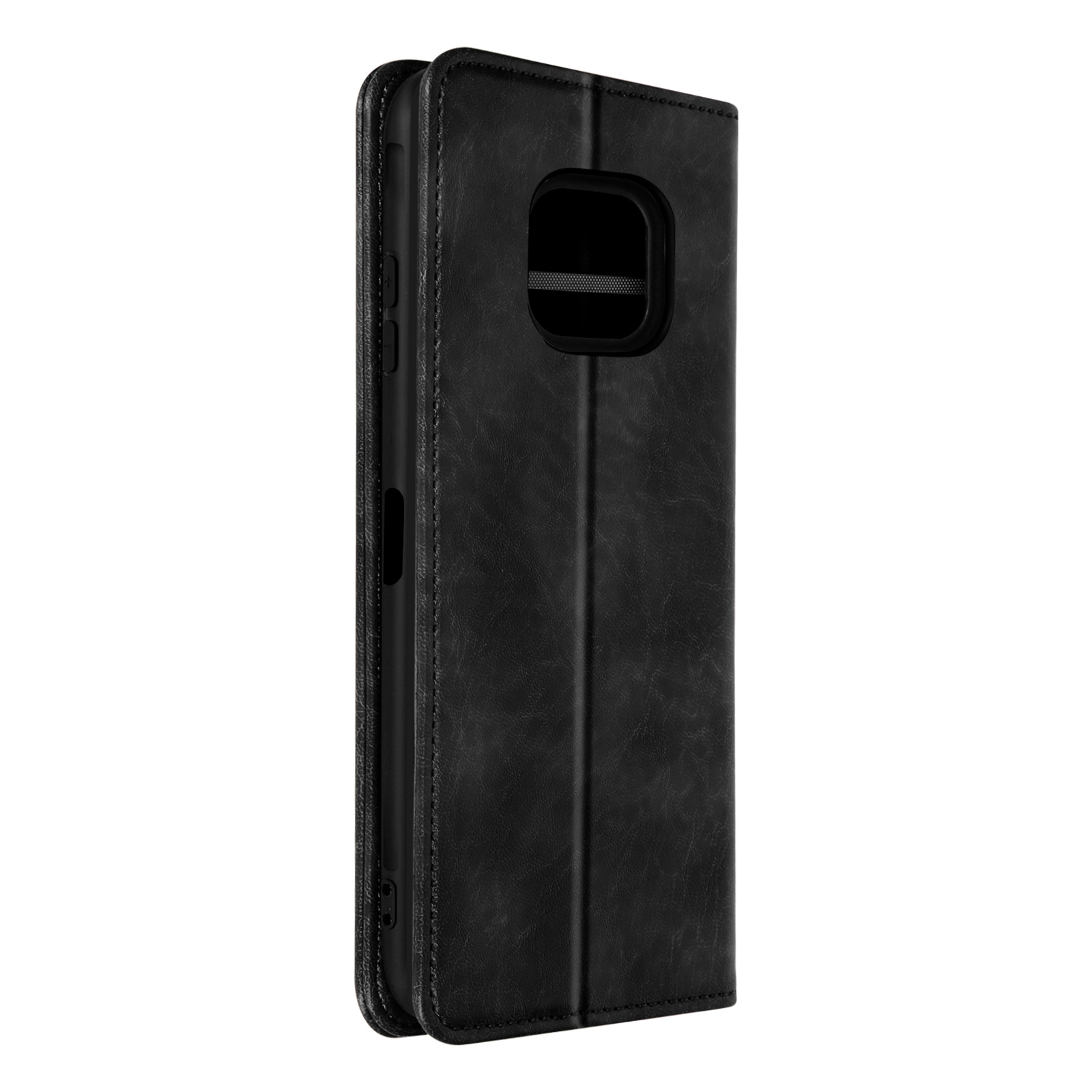 Un étui de téléphone noir fermé. L'étui est fermé et en cuir. Le fond est blanc.