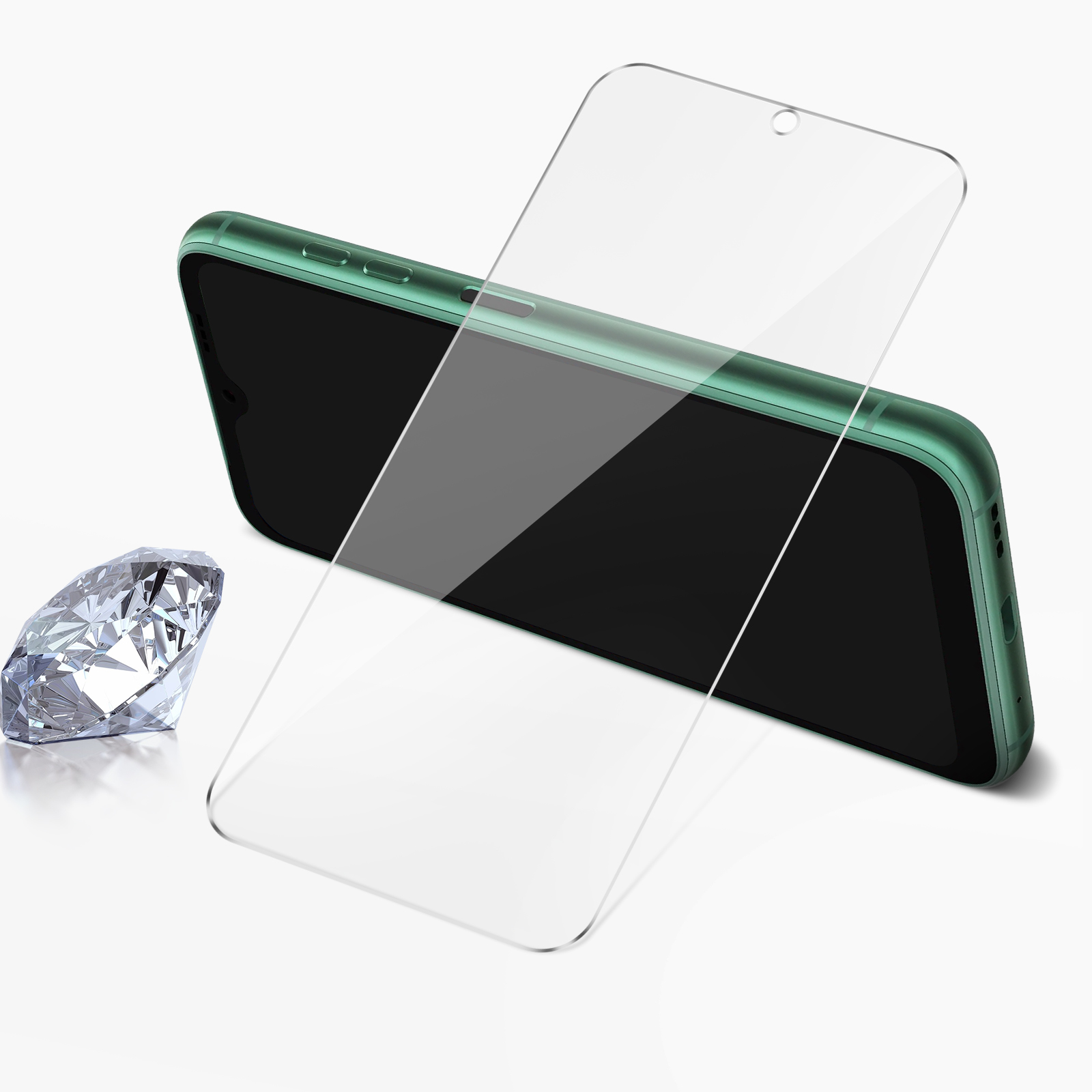 Groene telefoon met schermbeschermer naast een diamant op een witte ondergrond.