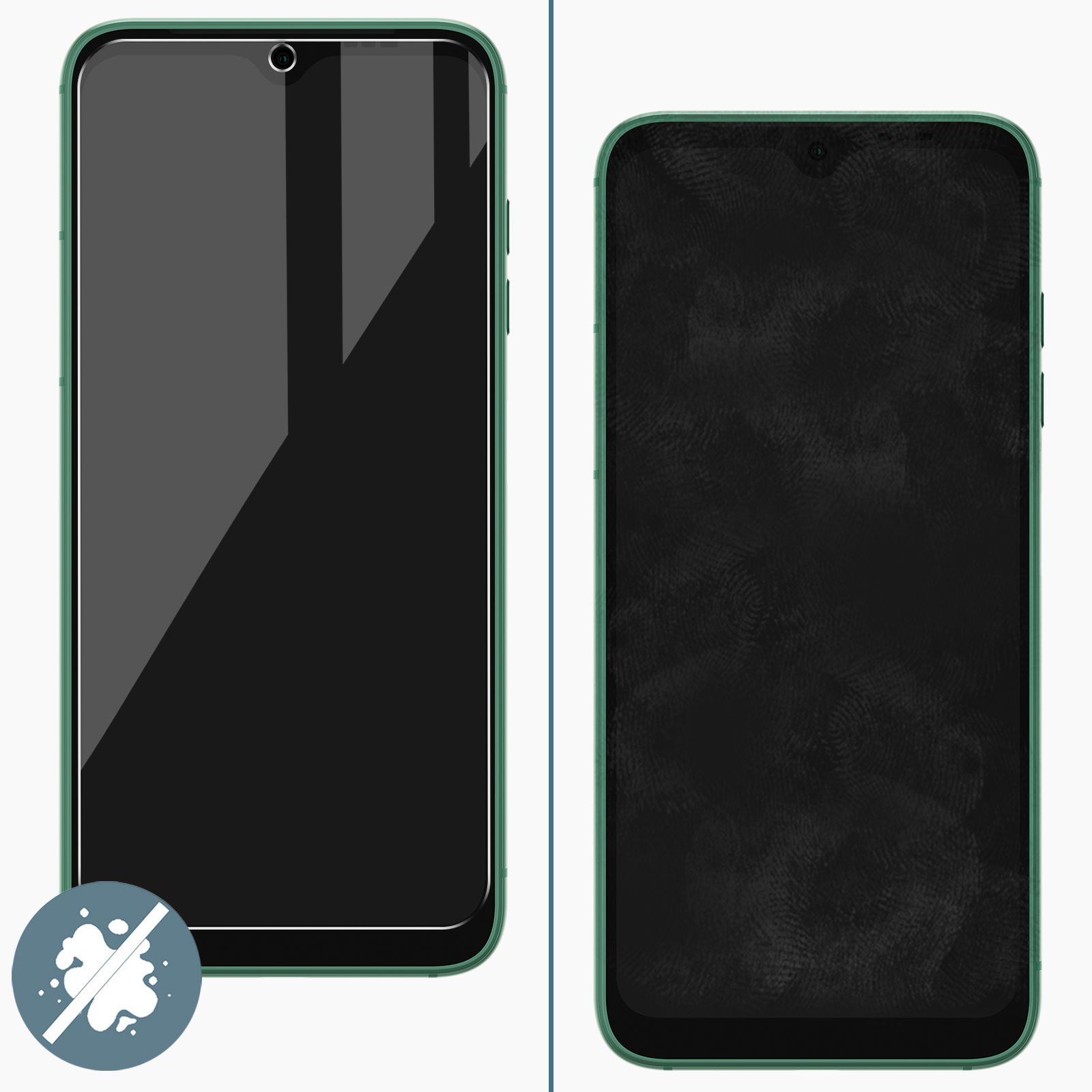 Twee telefoons, één met en één zonder schermbeschermer, groen frame.