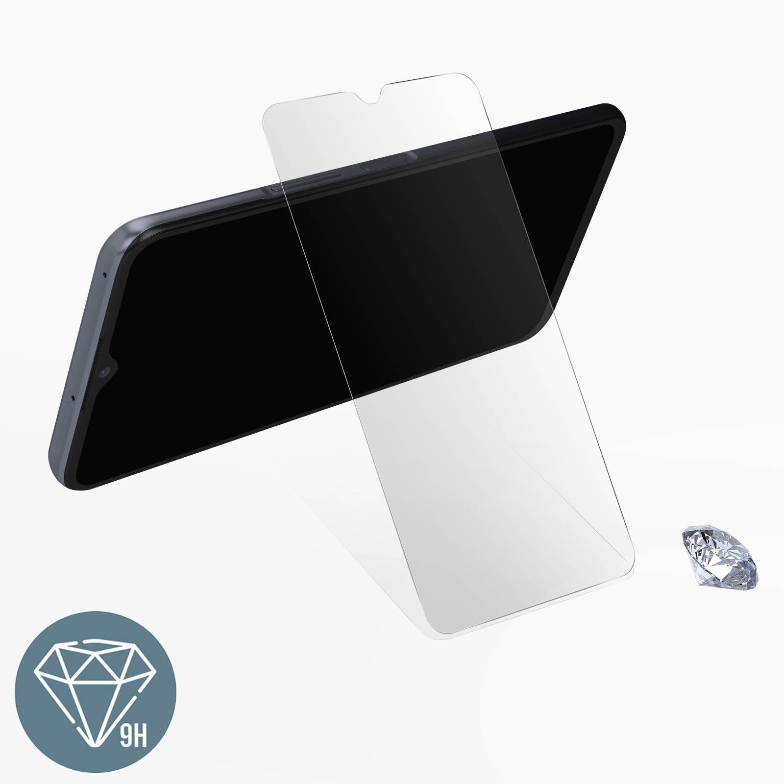 Un telefono con una protezione per lo schermo in fase di applicazione. Un'icona a diamante si trova in basso a sinistra.