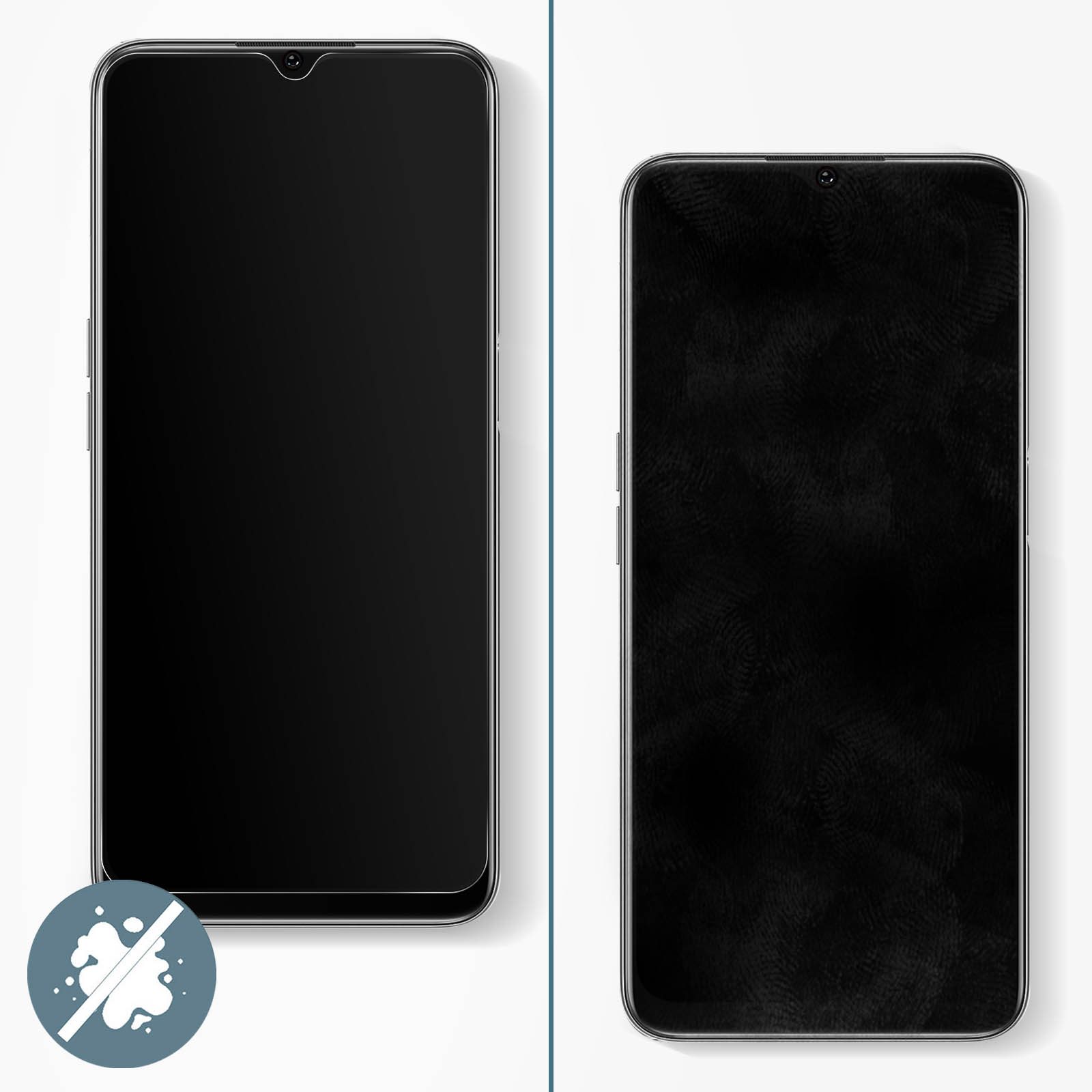 Due telefoni affiancati, schermi spenti. Uno schermo ha l'icona dell'impronta digitale. Sfondo bianco.