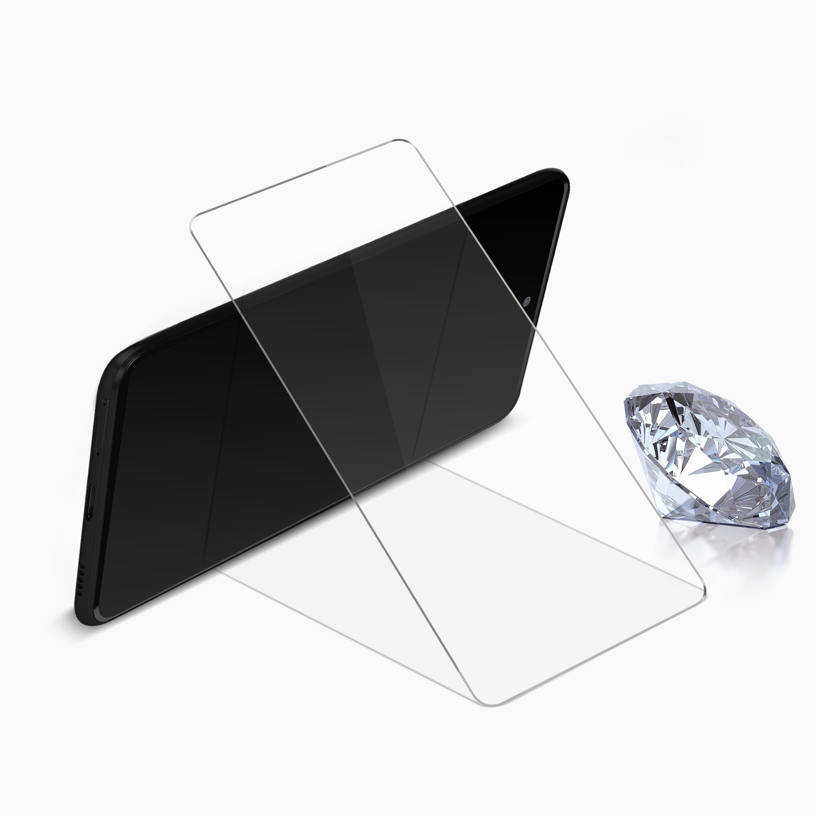 Téléphone noir avec protecteur d'écran et diamant.