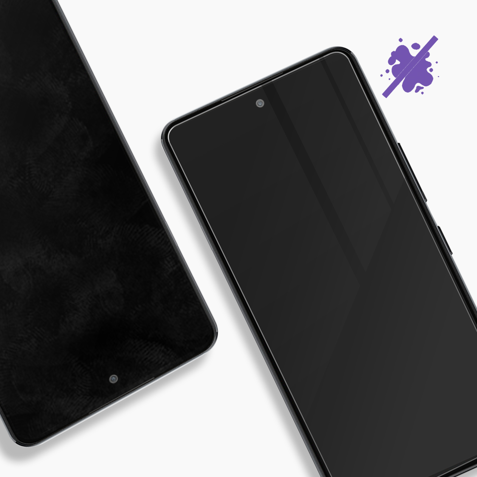 Deux smartphones noirs. L'un est à côté de l'autre, avec un verre de protection visible.