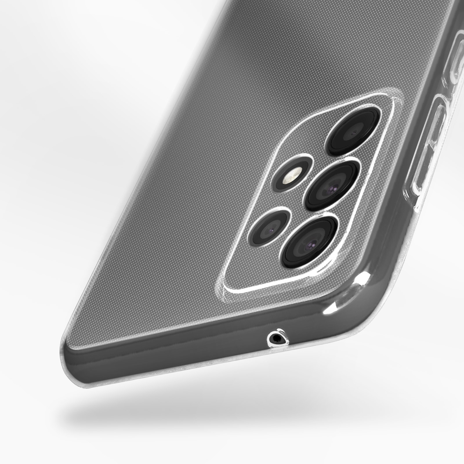 Custodia trasparente con ritagli per fotocamera. La custodia è su sfondo bianco.