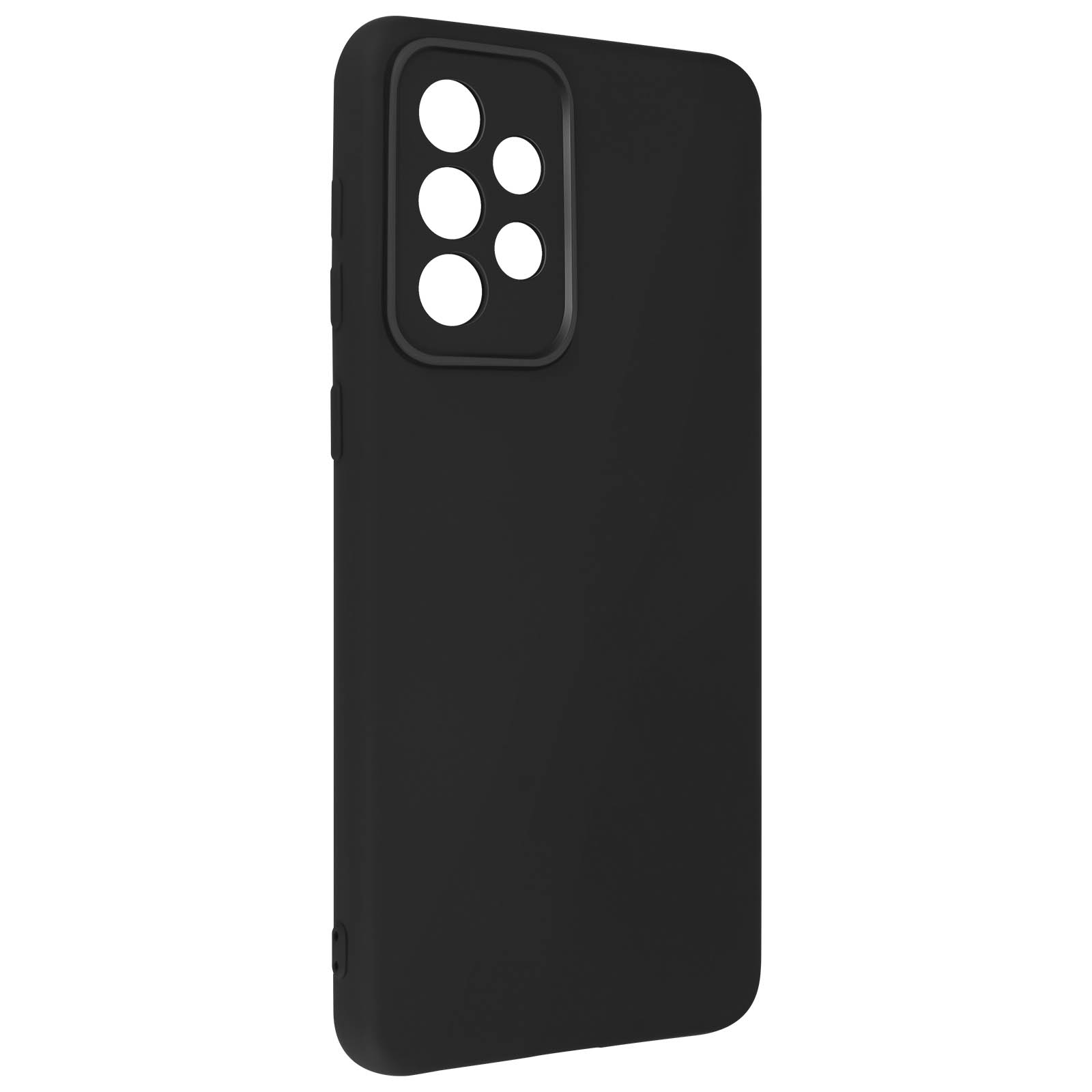 Custodia nera con fori per fotocamera. La custodia è nera. Ha fori per la fotocamera.