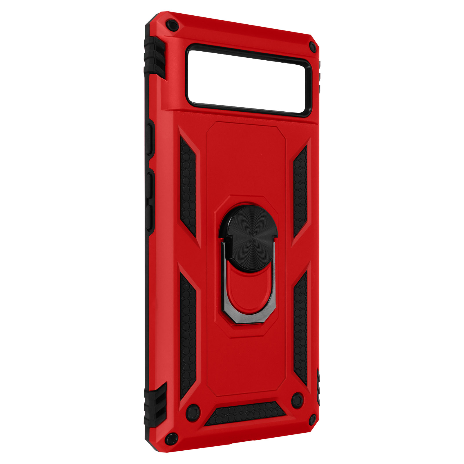 Custodia rossa per telefono con dettagli neri. Il retro ha un anello e un foro per la fotocamera.
