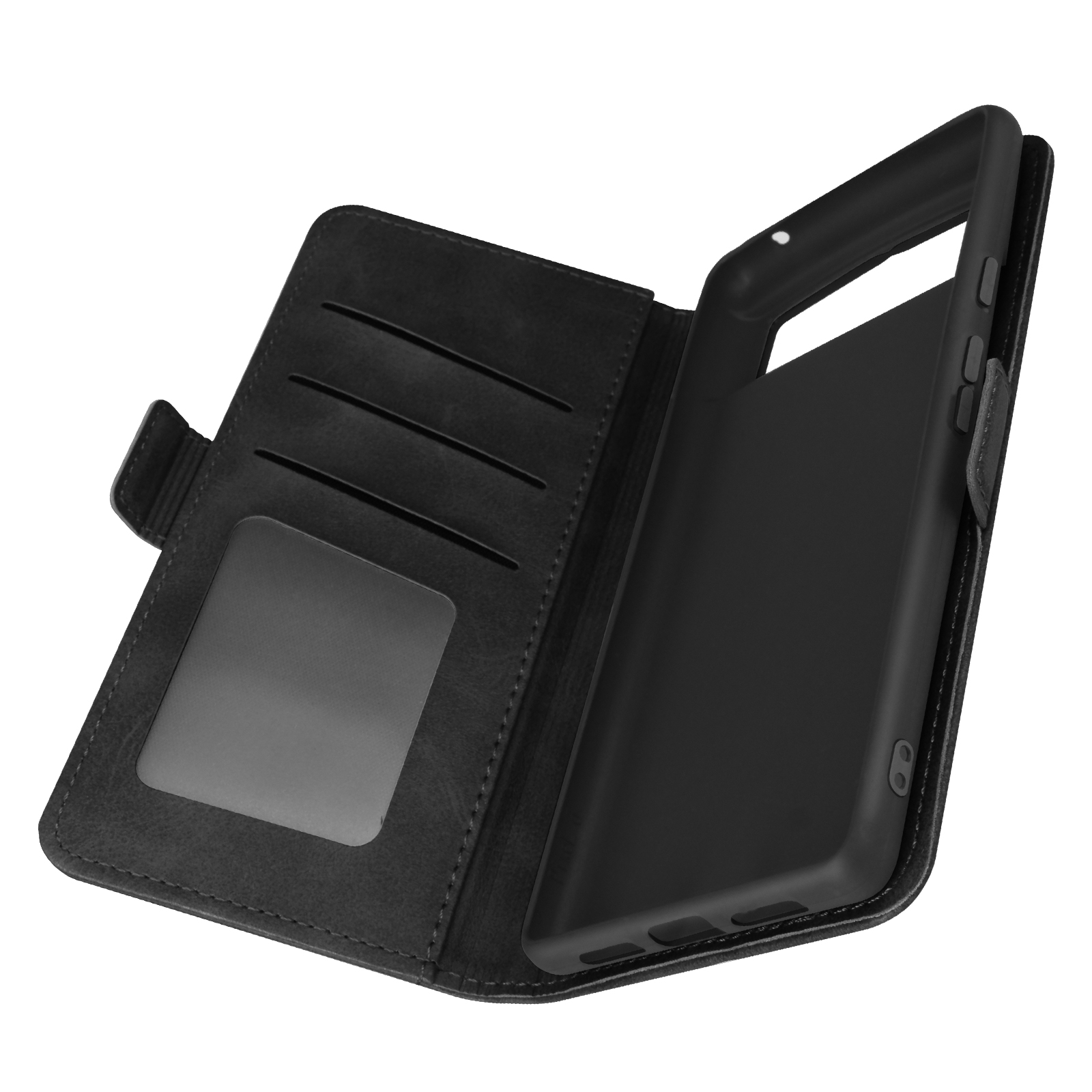 Étui de téléphone noir, ouvert, emplacements pour cartes. Fond : surface blanche.