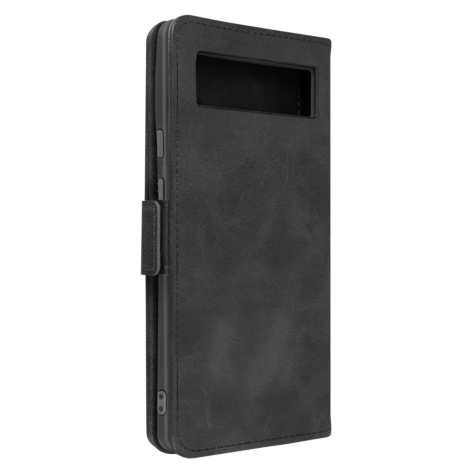 Étui de téléphone noir, fermé. Il a une ouverture rectangulaire à l'avant pour l'appareil photo.