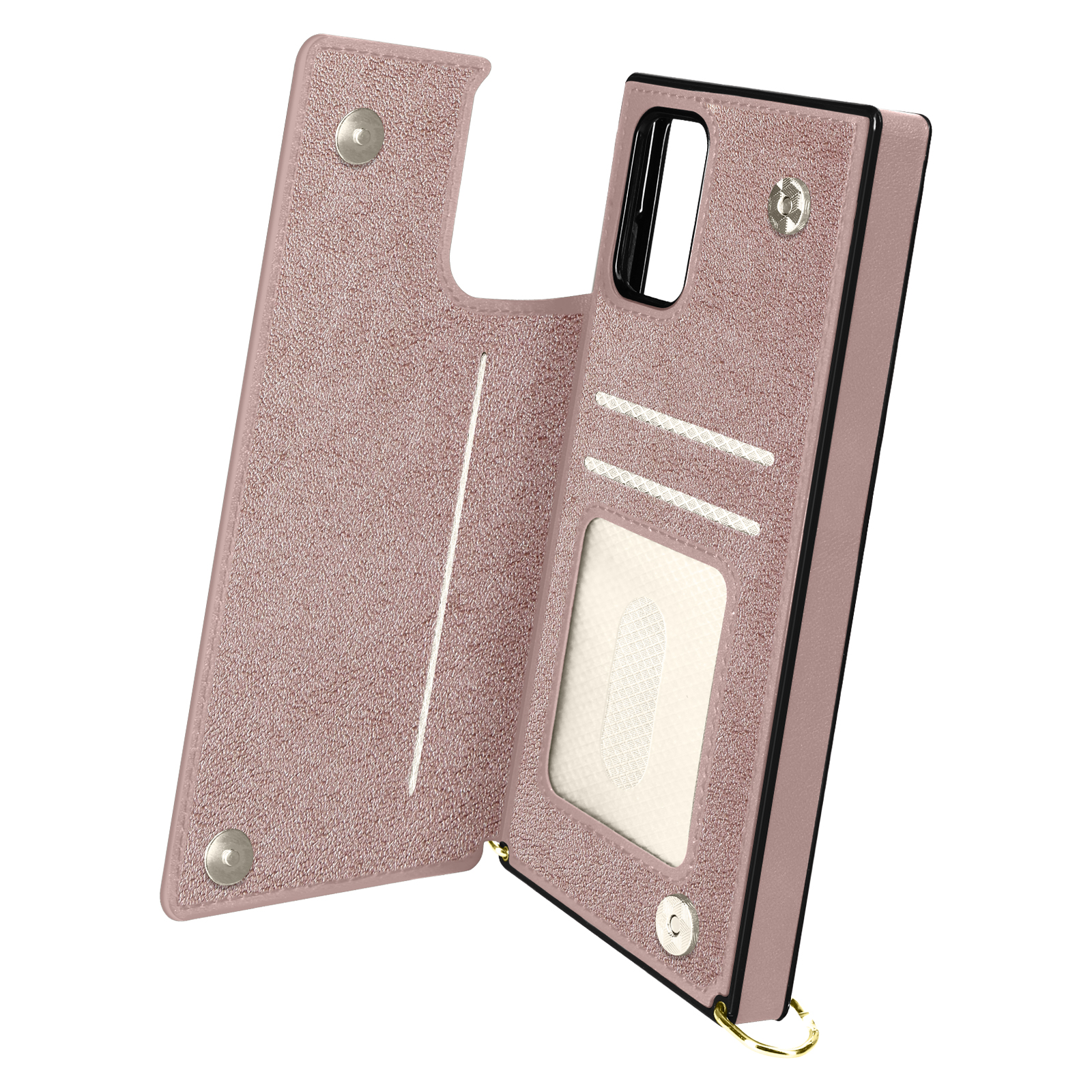 Open roze telefoonhoes. Het heeft kaartsleuven en een houder voor de telefoon. De telefoon zit niet in de hoes.