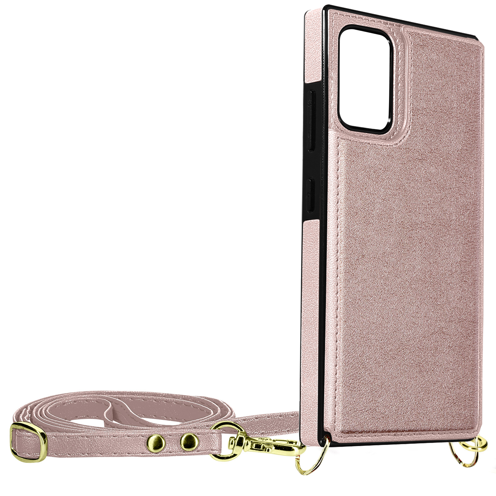 Roze telefoonhoesje met een riem, hangend. De hoes heeft een camera-gedeelte. De riem is goud.