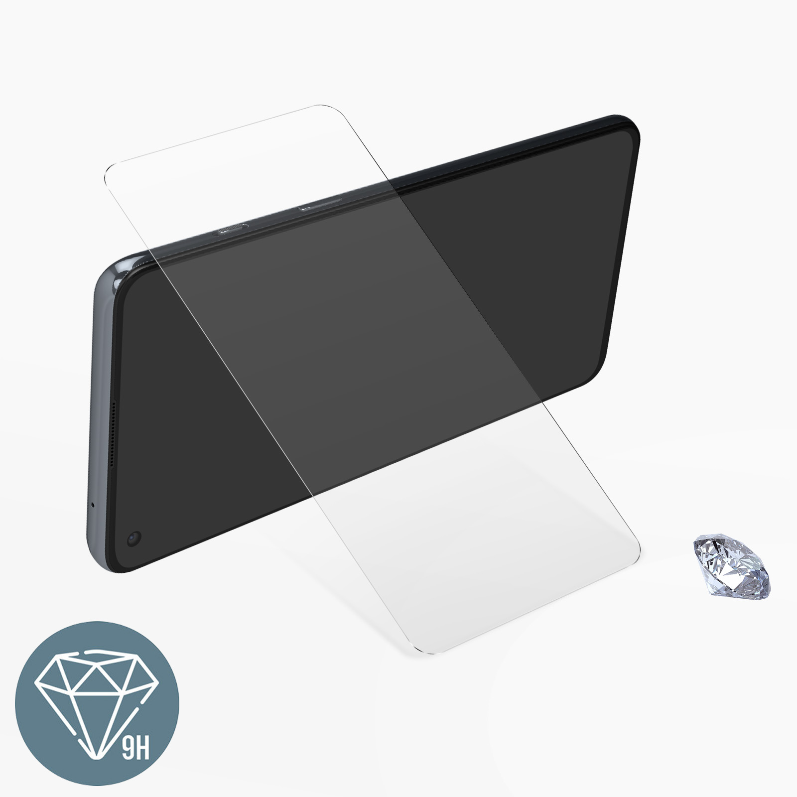 Un telefono con protezione schermo e icona diamante su sfondo bianco.