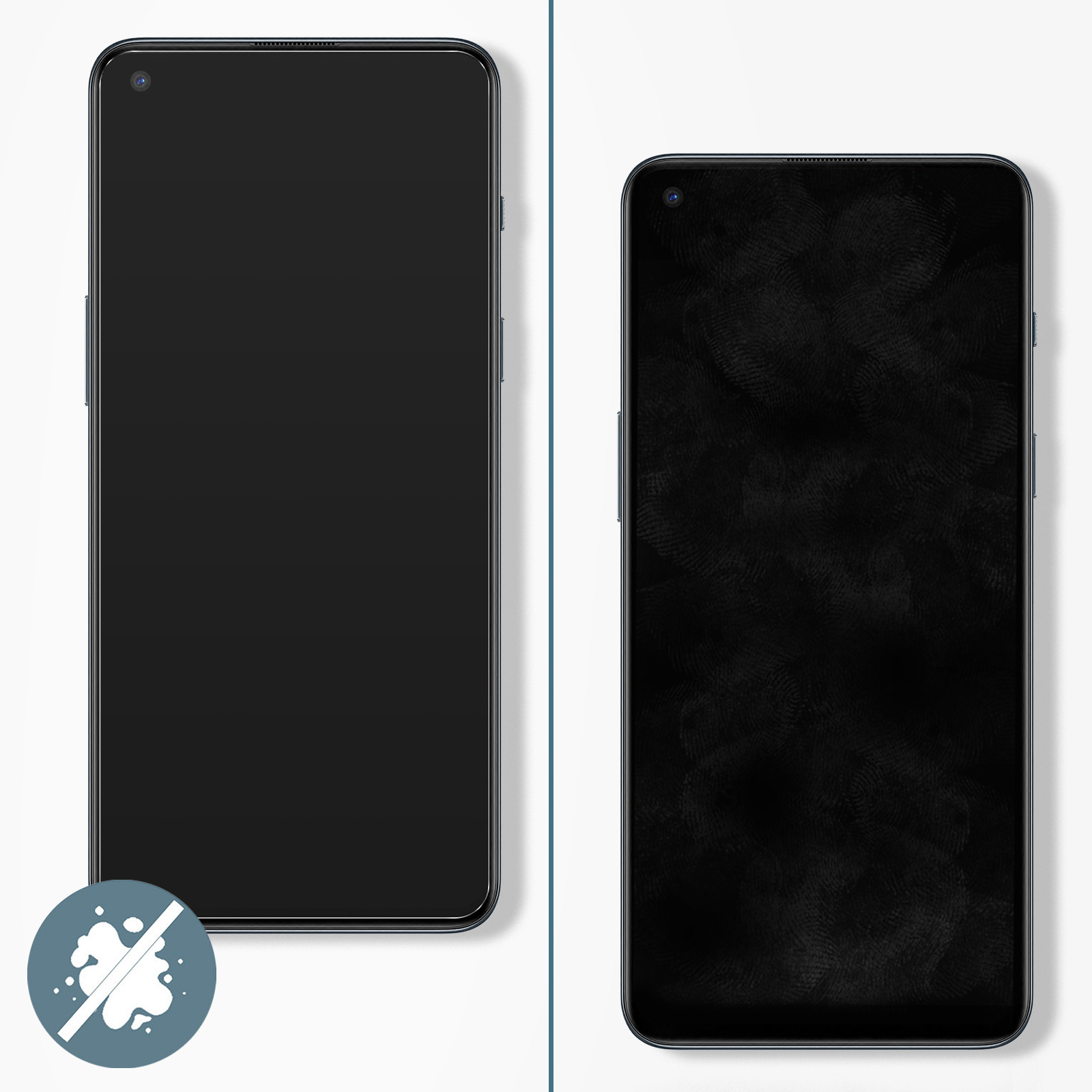 Due telefoni con schermi neri. Uno ha un'etichetta resistente alle macchie. Sfondo chiaro.