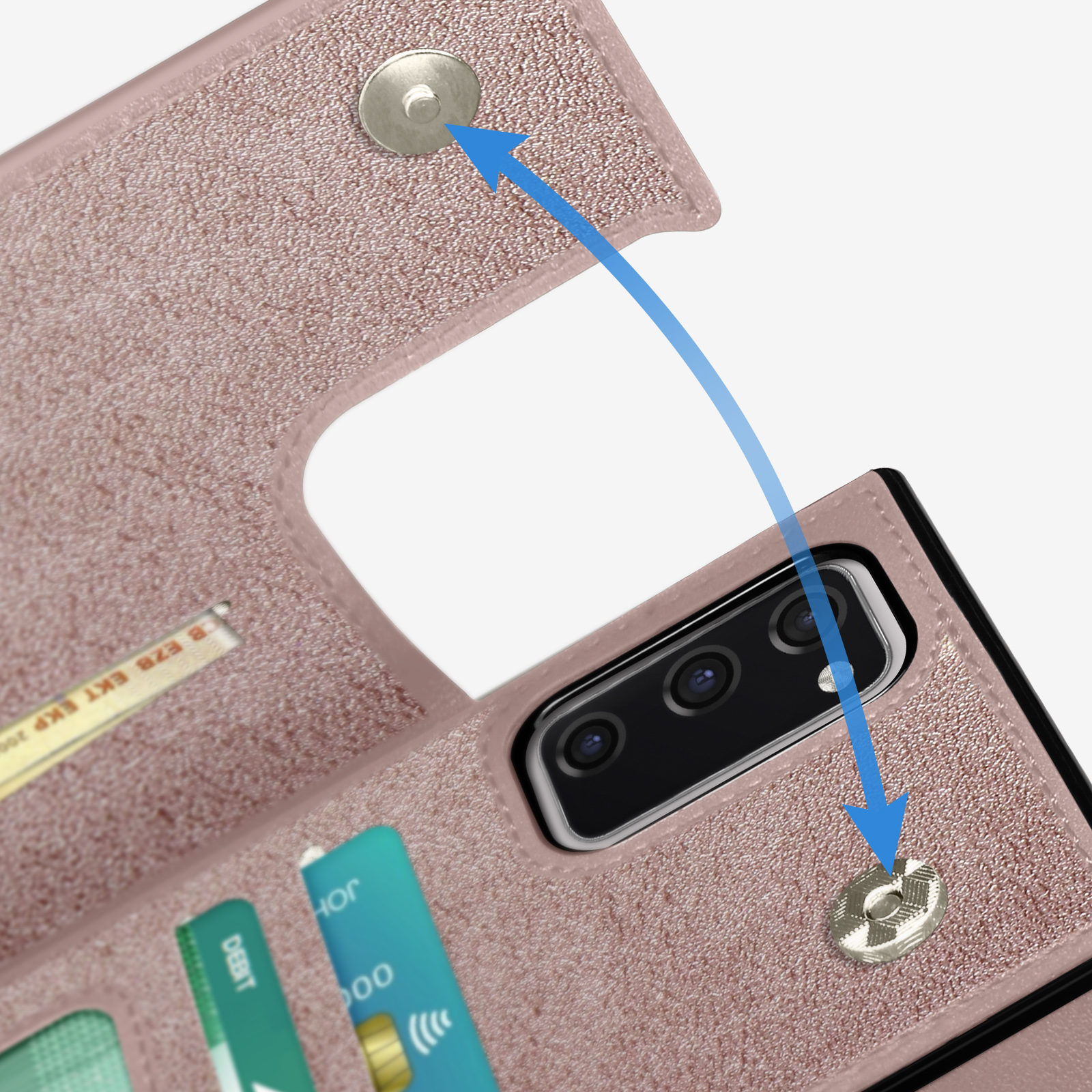 Roze telefoonhoes met magnetische sluiting, onthult een kaartsleuf. Pijlen tonen de sluiting.