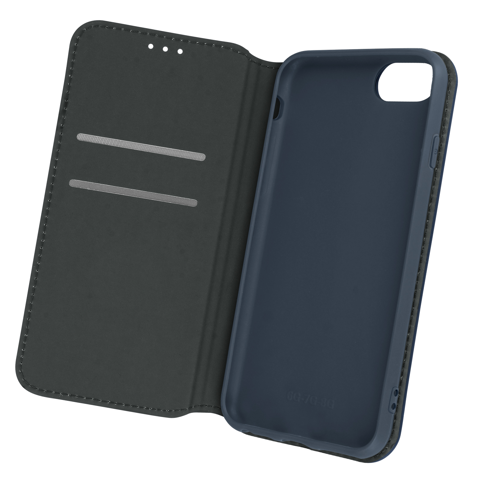 Étui de téléphone bleu foncé, ouvert, montrant l'intérieur avec des fentes pour cartes.