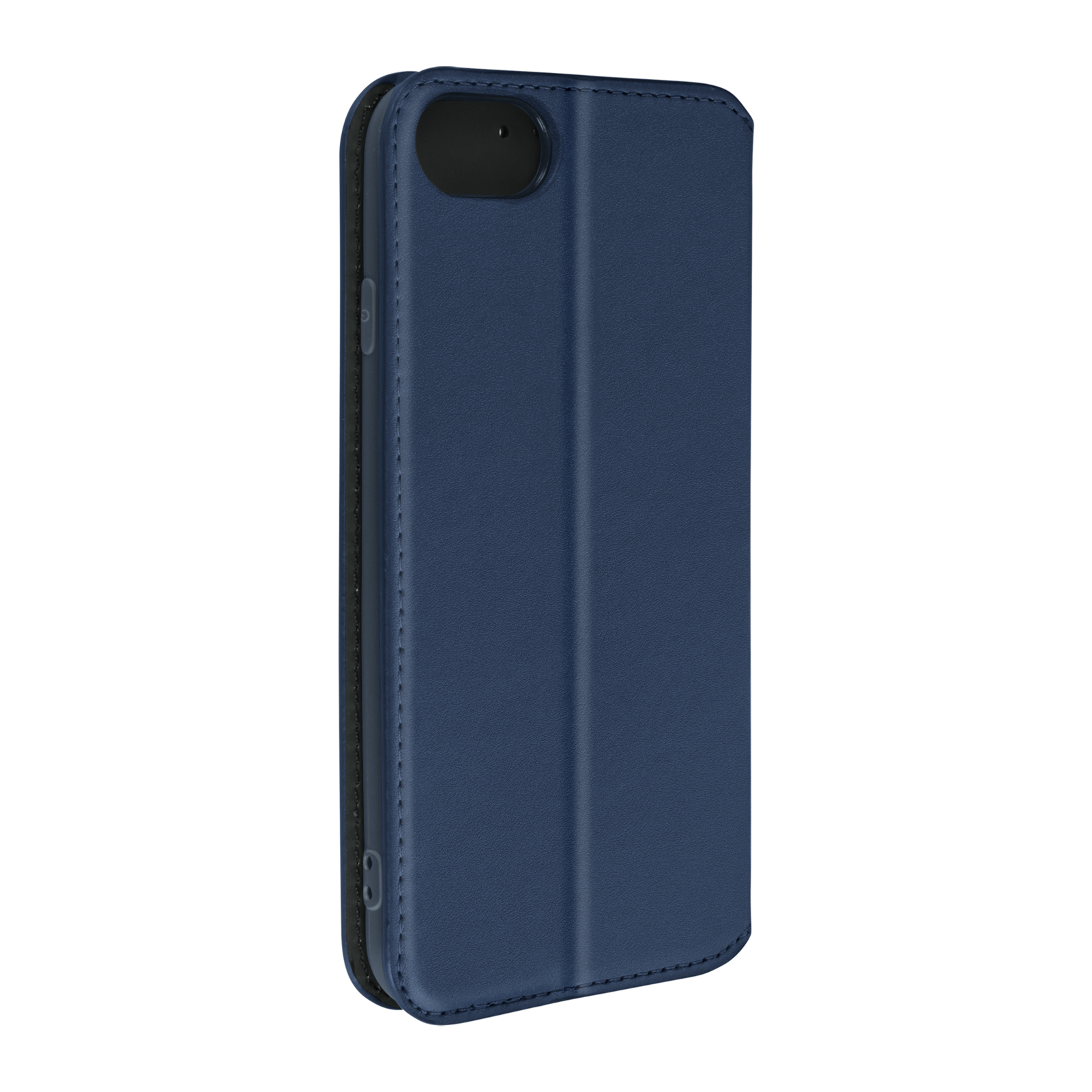 Étui de téléphone bleu, fermé, texture cuir. Objectif caméra noir en haut. Vue verticale.