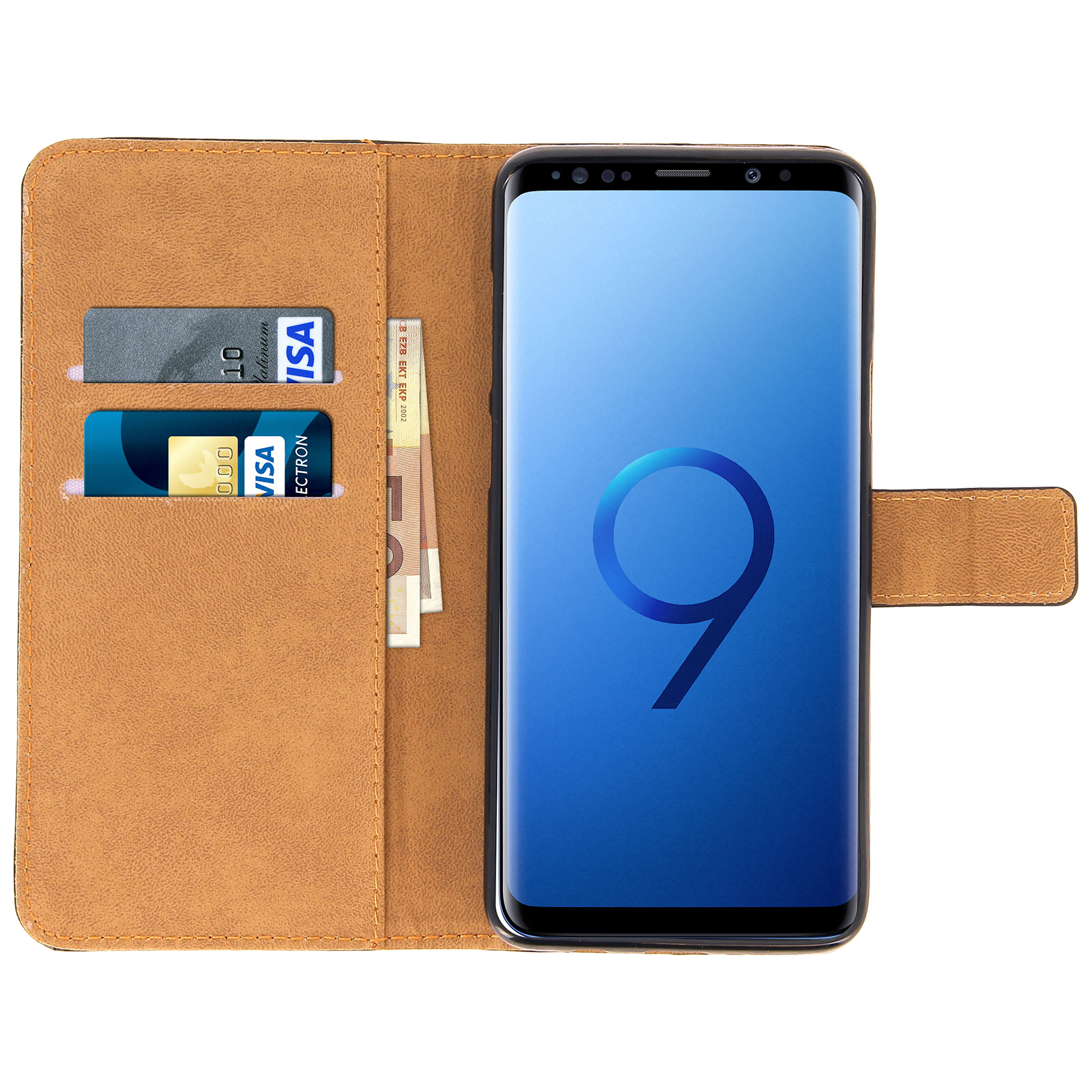Telefono in una custodia a portafoglio marrone. La custodia ha scomparti per carte e denaro.