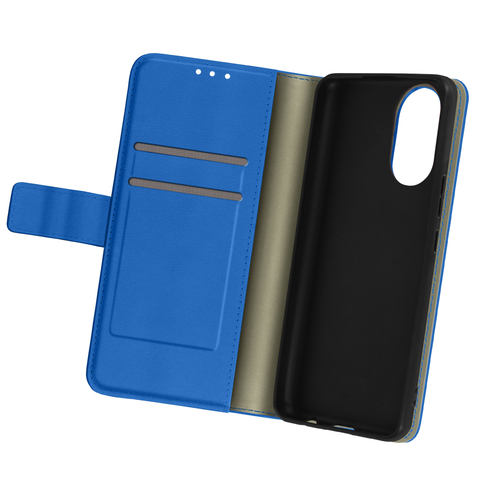 Custodia per telefono blu, aperta. L'interno è nero. Ci sono slot per schede.