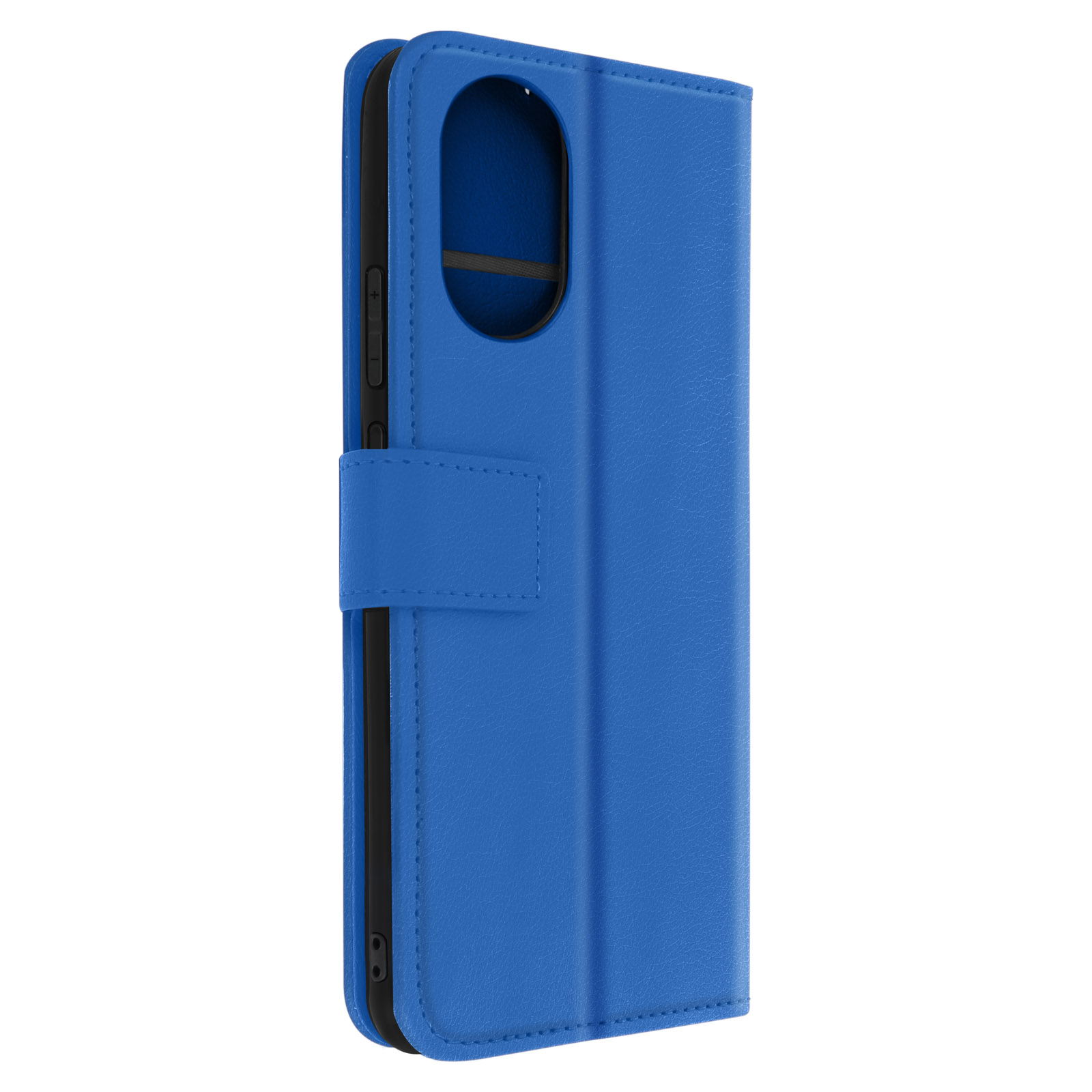Custodia per telefono in pelle blu, chiusa, che mostra il lato con il bottone e la chiusura.