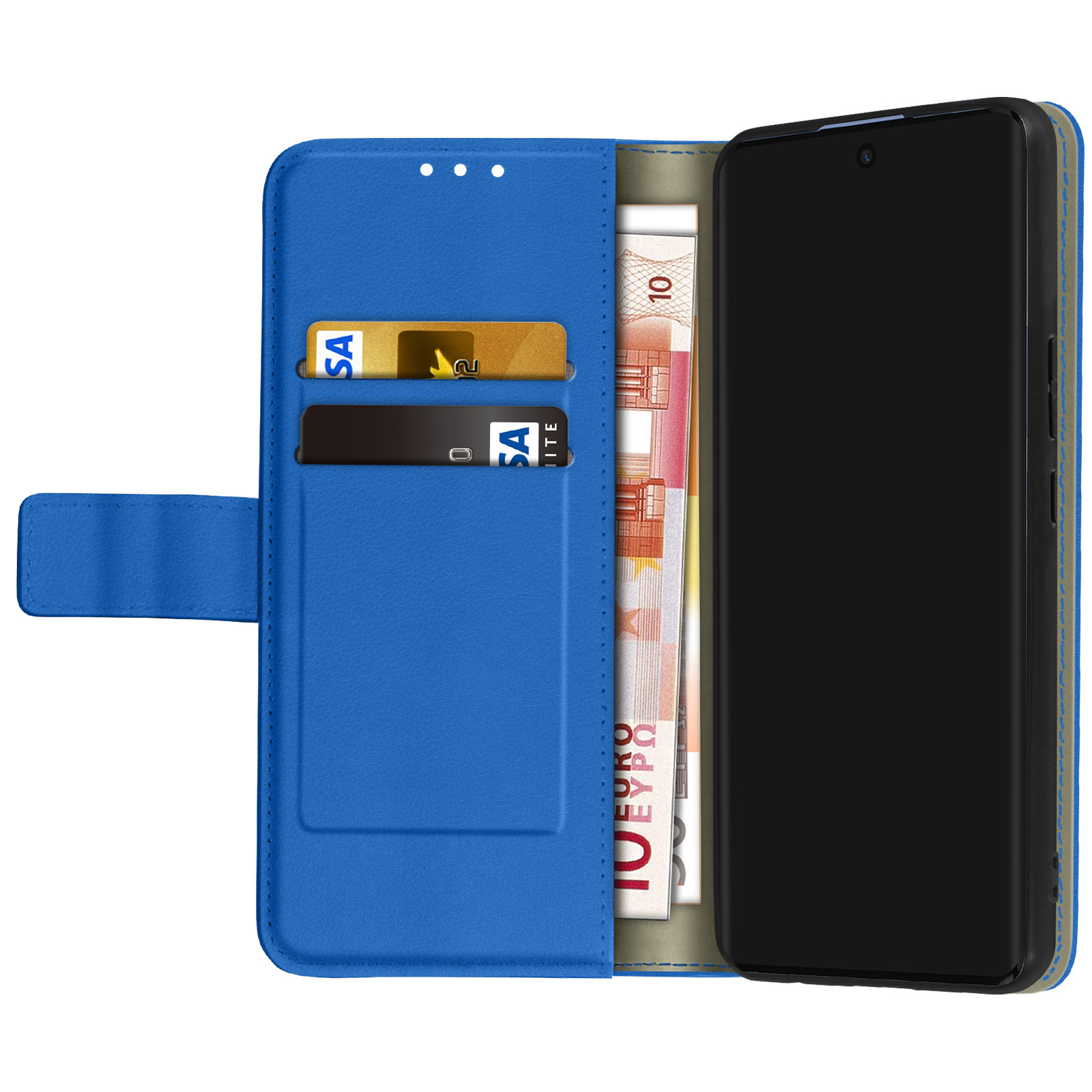 Custodia per telefono blu, aperta, con carte e banconote in euro. Schermo nero del telefono visibile.