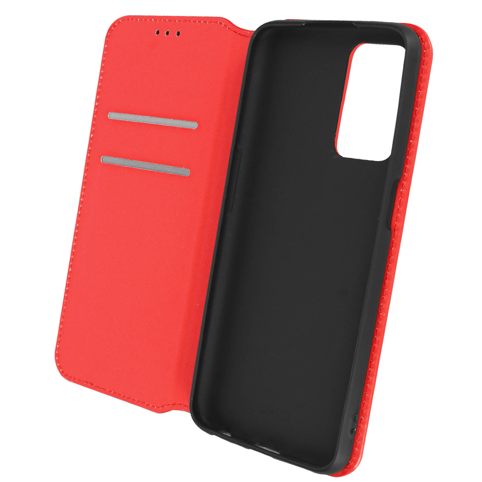 Étui de téléphone rouge, ouvert. Fond : intérieur noir.