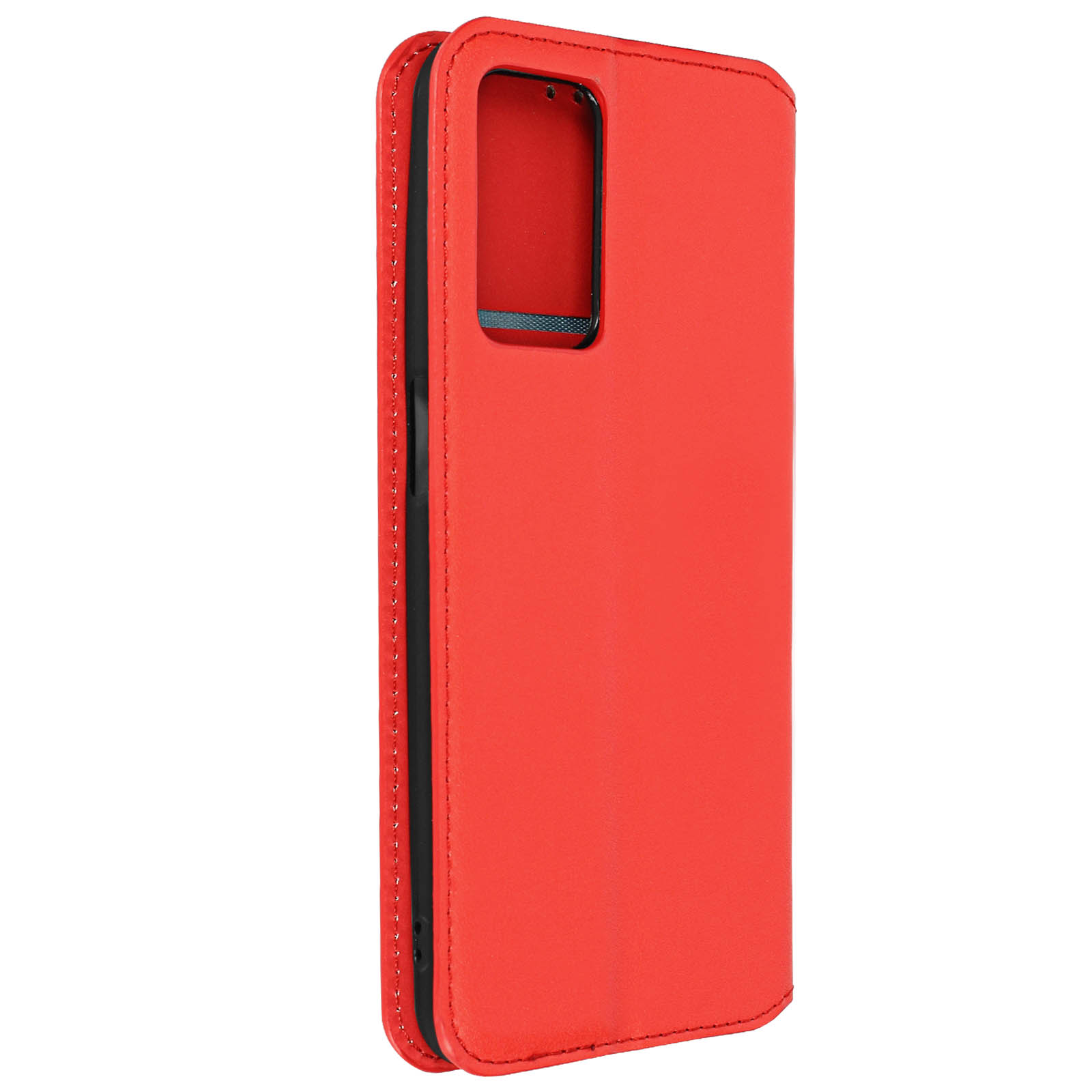 Étui de téléphone rouge fermé, vue latérale. Montre boutons et coutures. Arrière-plan flou.