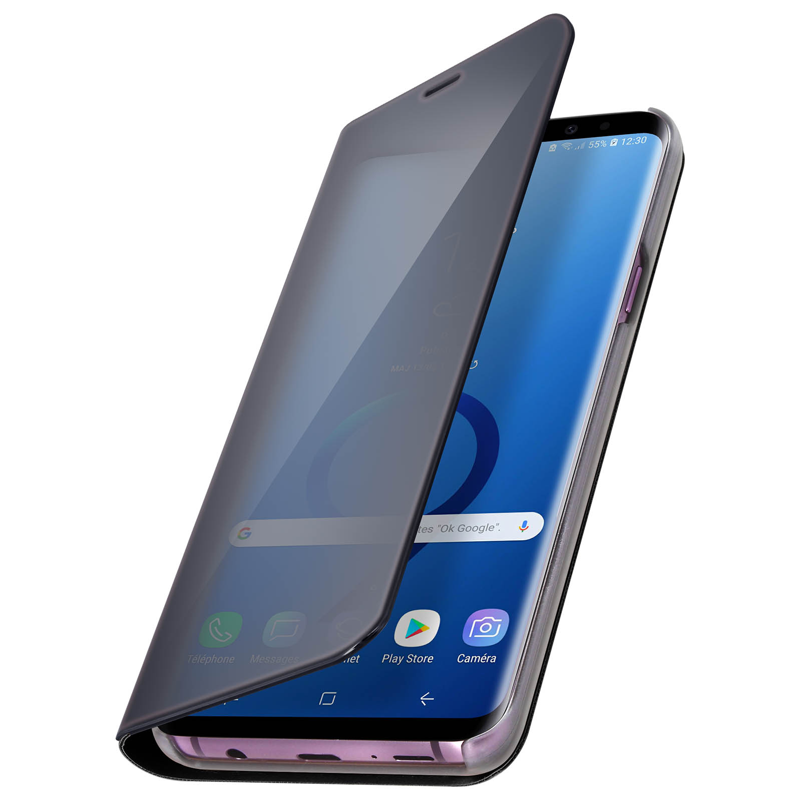 Telefono nero con custodia parzialmente aperta. Schermo con icone app. Sfondo bianco.