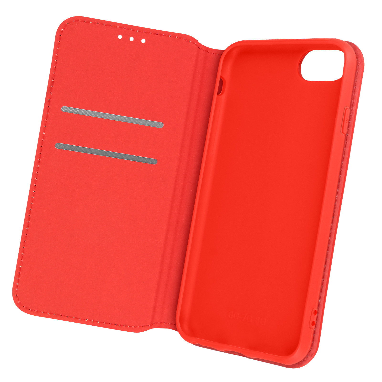 Un étui de téléphone rouge ouvert. L'intérieur de l'étui est rouge. Le téléphone n'est pas visible.