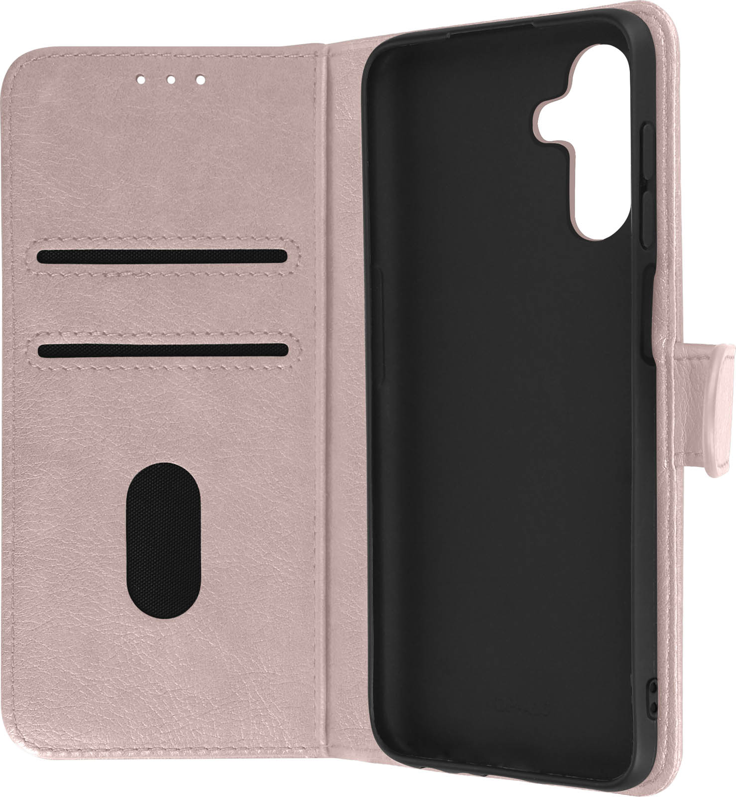 Coque de téléphone rose, ouverte, avec support de téléphone noir et emplacements pour cartes.