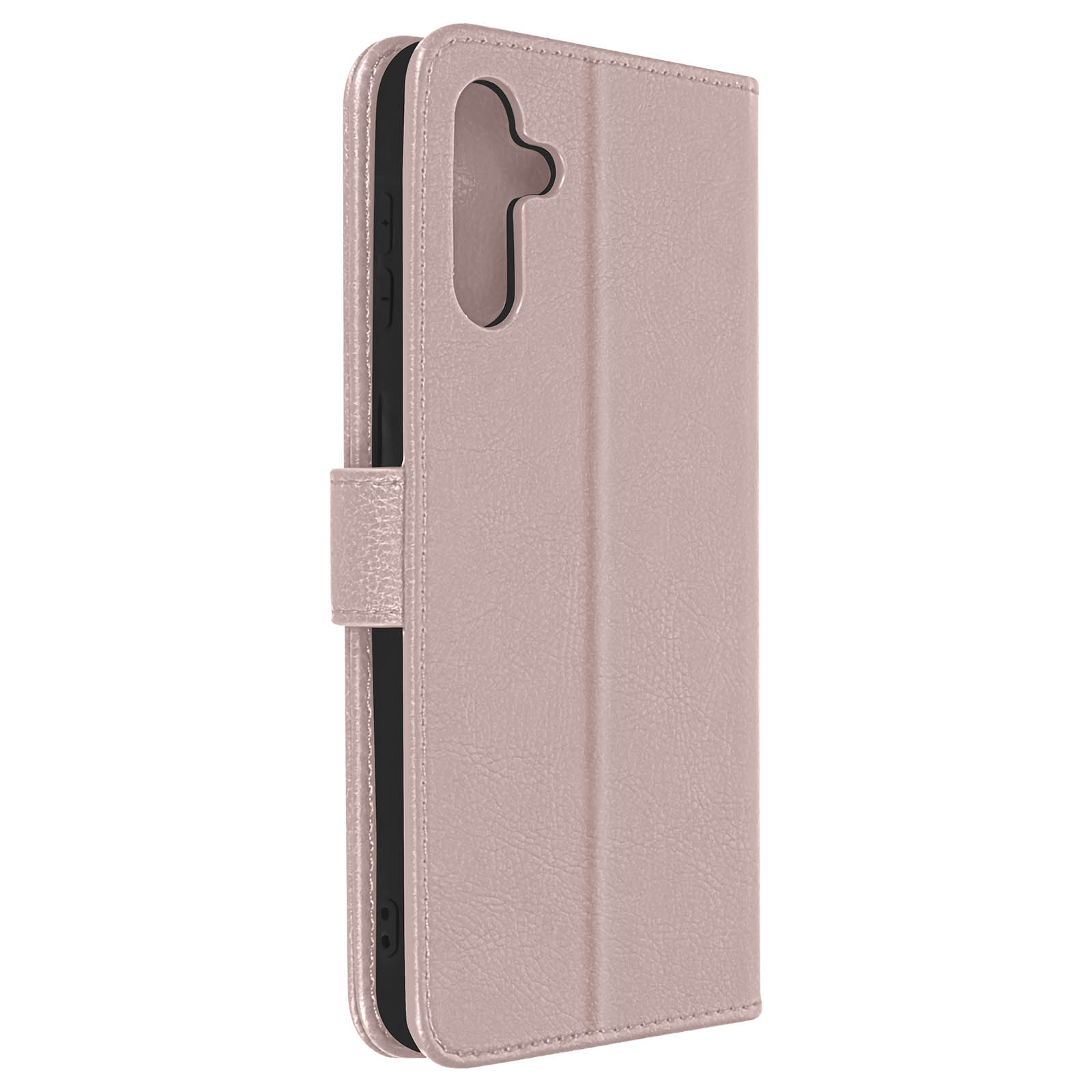 Étui portefeuille pour téléphone, fermé. Couleur rosée. Montre la vue latérale et frontale. Texture cuir.