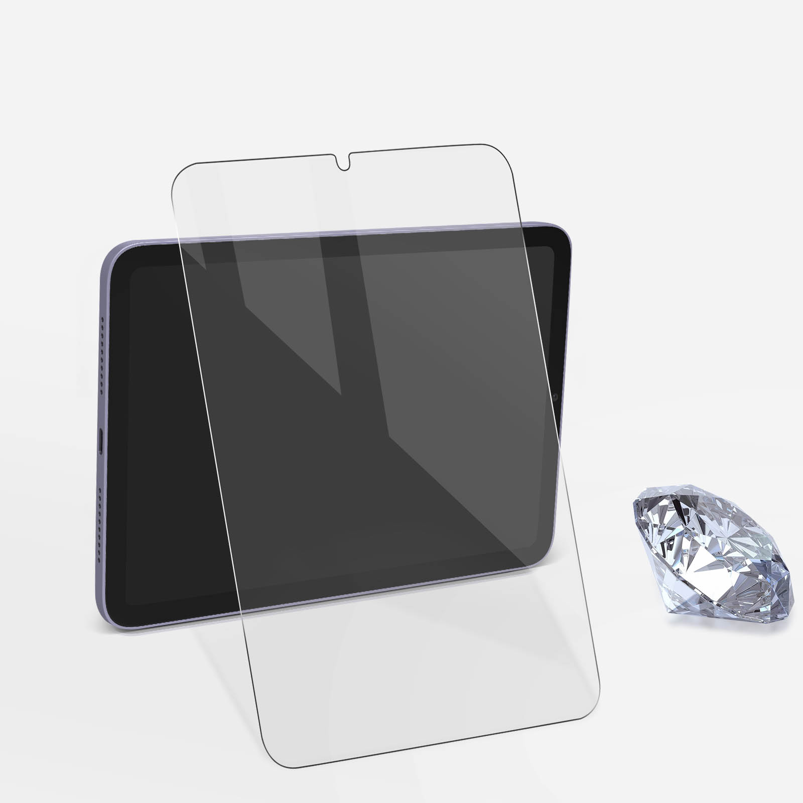 Tablet con protezione schermo in fase di applicazione. Un diamante è presente accanto al tablet.