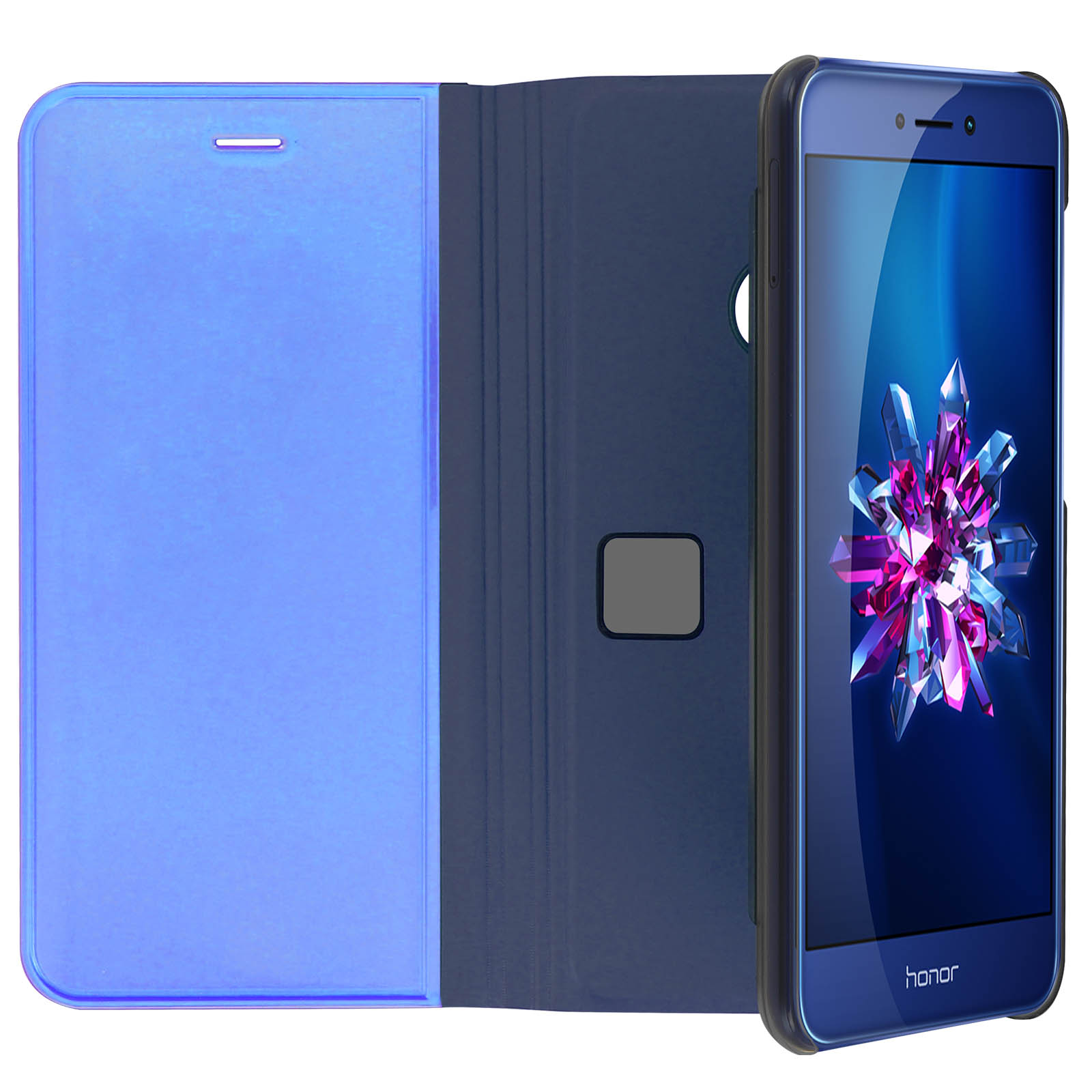 Telefono blu con custodia aperta, immagine di cristallo sullo schermo.