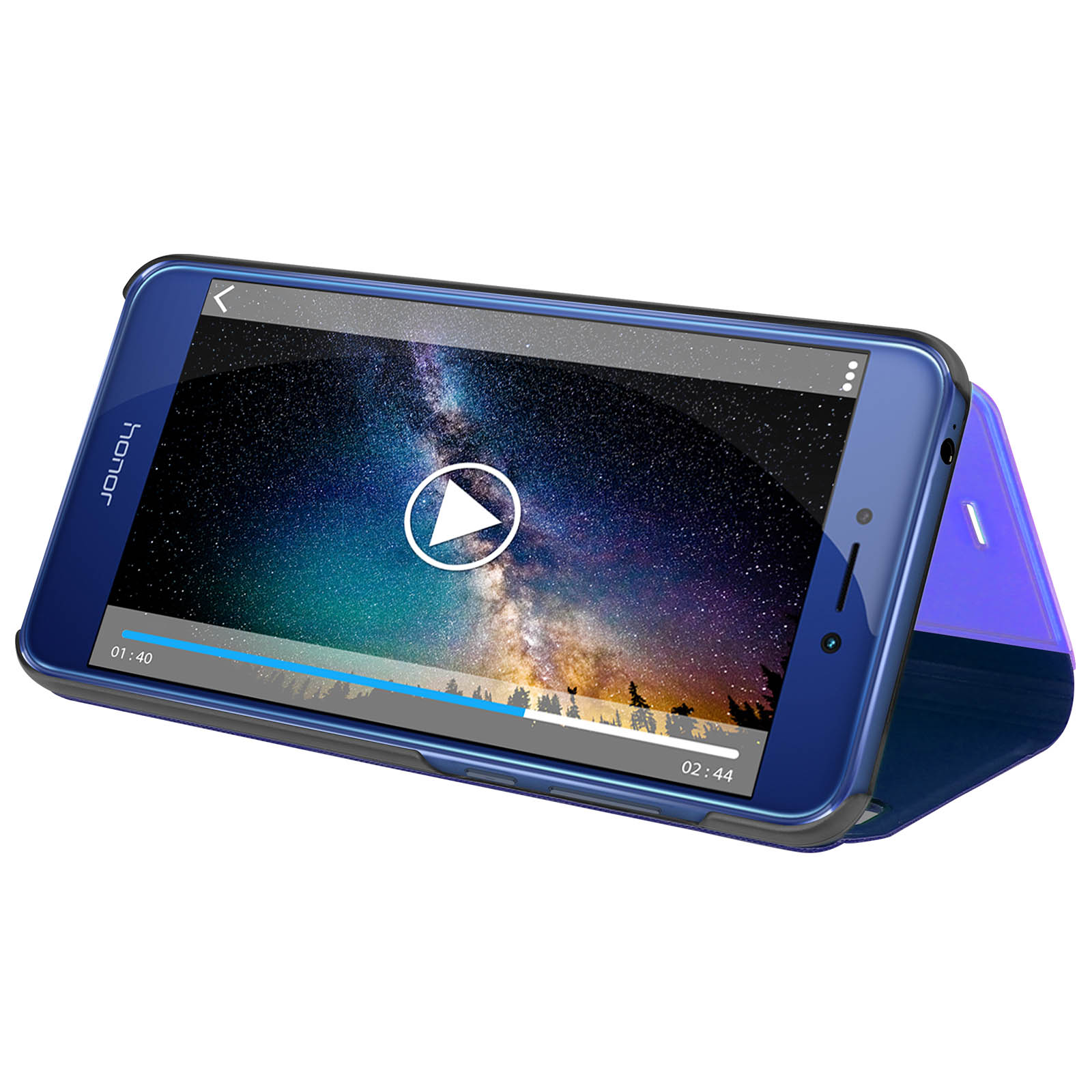Un telefono blu con una custodia che mostra un video in riproduzione sullo schermo. Un pulsante di riproduzione è visibile.