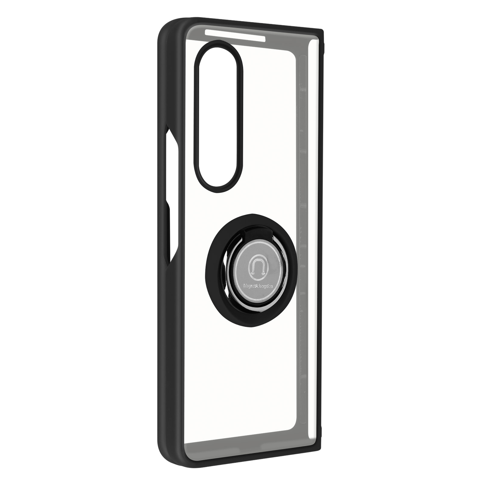 Coque de téléphone noire avec anneau de maintien. L'anneau est argenté et logo.