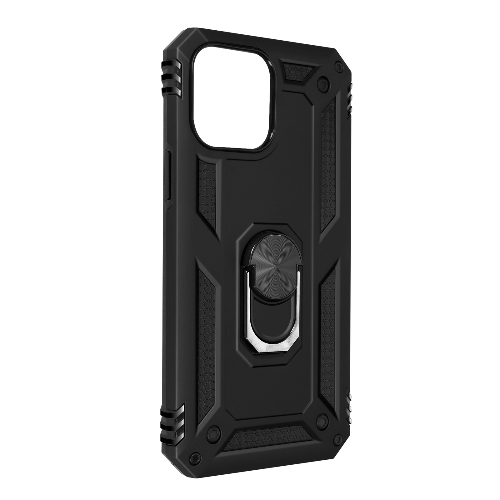 Custodia per telefono nera con supporto ad anello argentato. Design robusto. Vista angolata.
