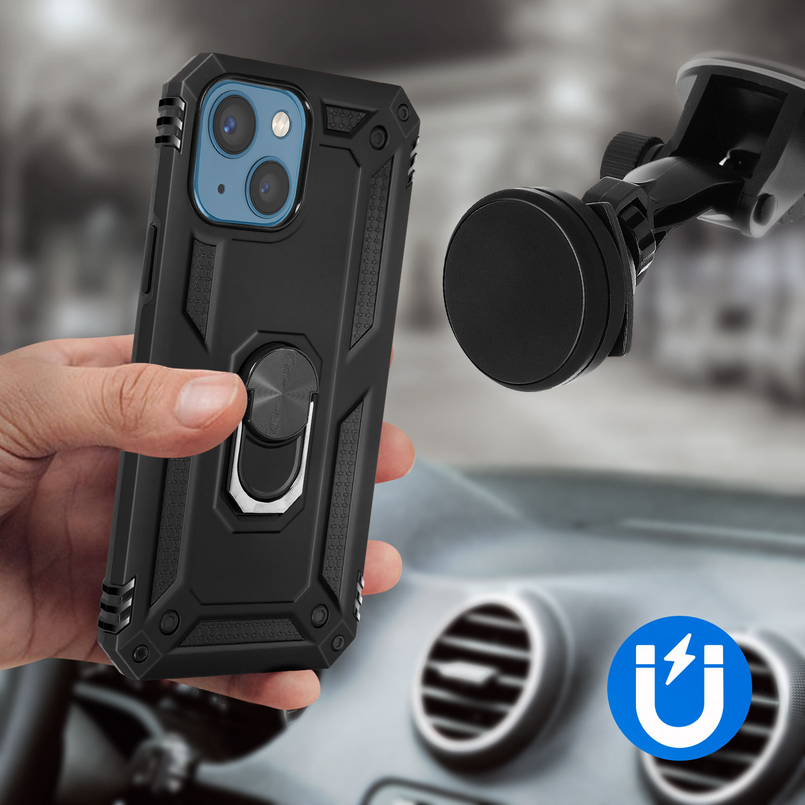 Mano che tiene una custodia per telefono nera con un supporto ad anello, vicino al cruscotto di un'auto e un supporto magnetico.