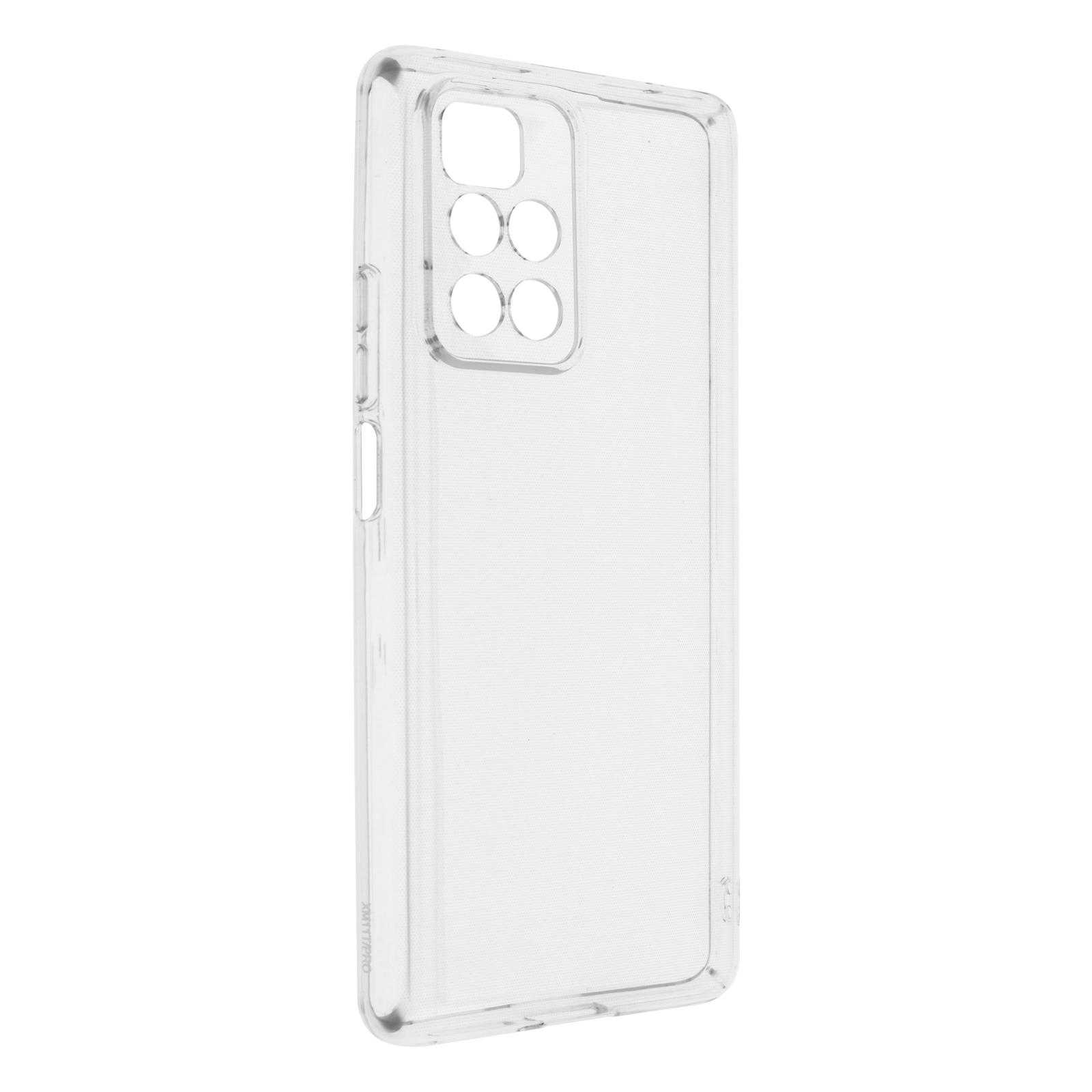 Een doorzichtige telefoonhoes, rechtopstaand. De telefoonhoes is transparant. Witte achtergrond.