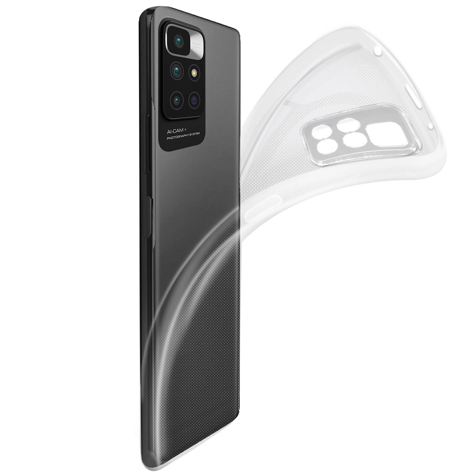 Een telefoon met een doorzichtige hoes, deels losgemaakt, toont de achterkant van de telefoon, tegen wit.