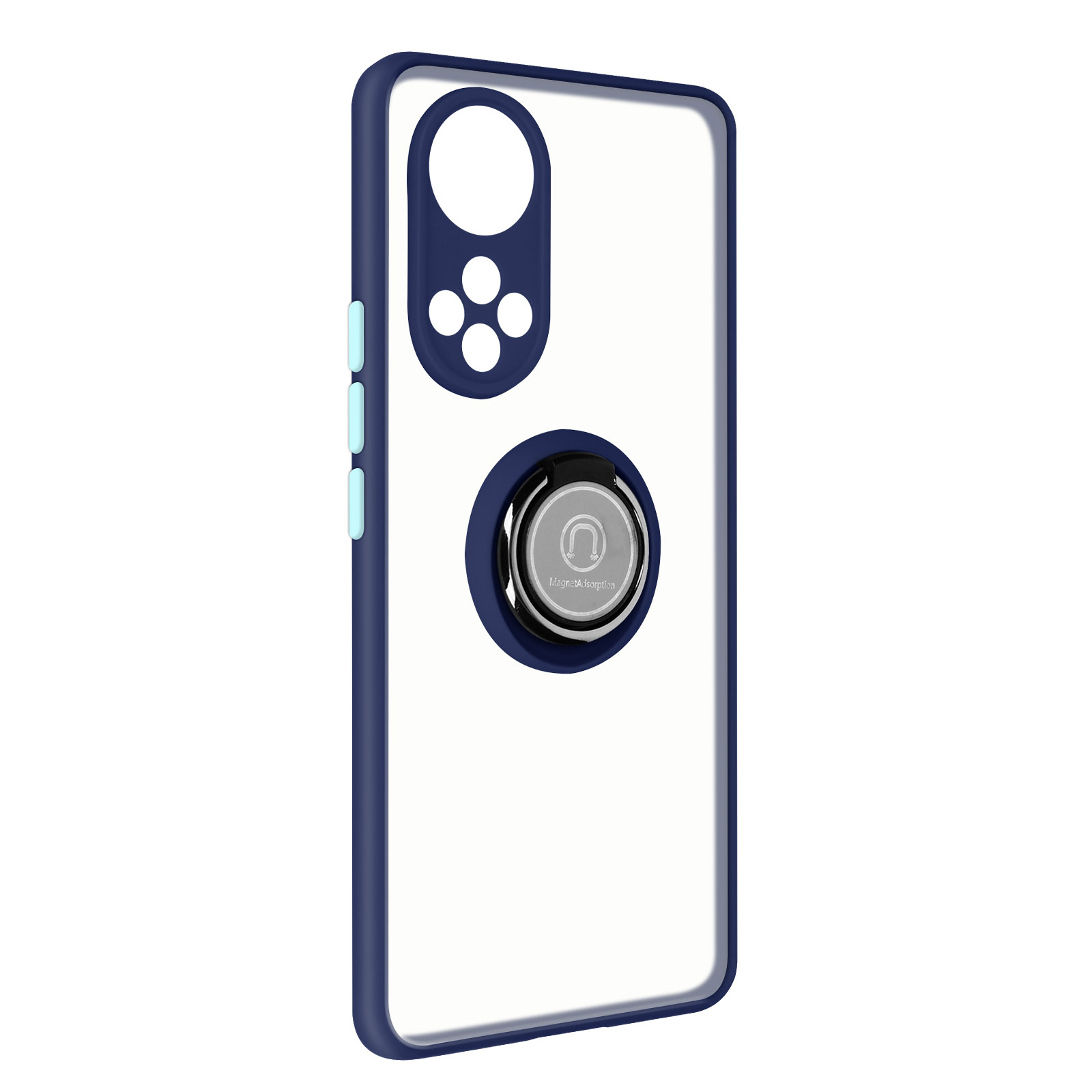 Custodia per telefono con anello di supporto. Custodia trasparente con dettagli blu. Sfondo bianco.