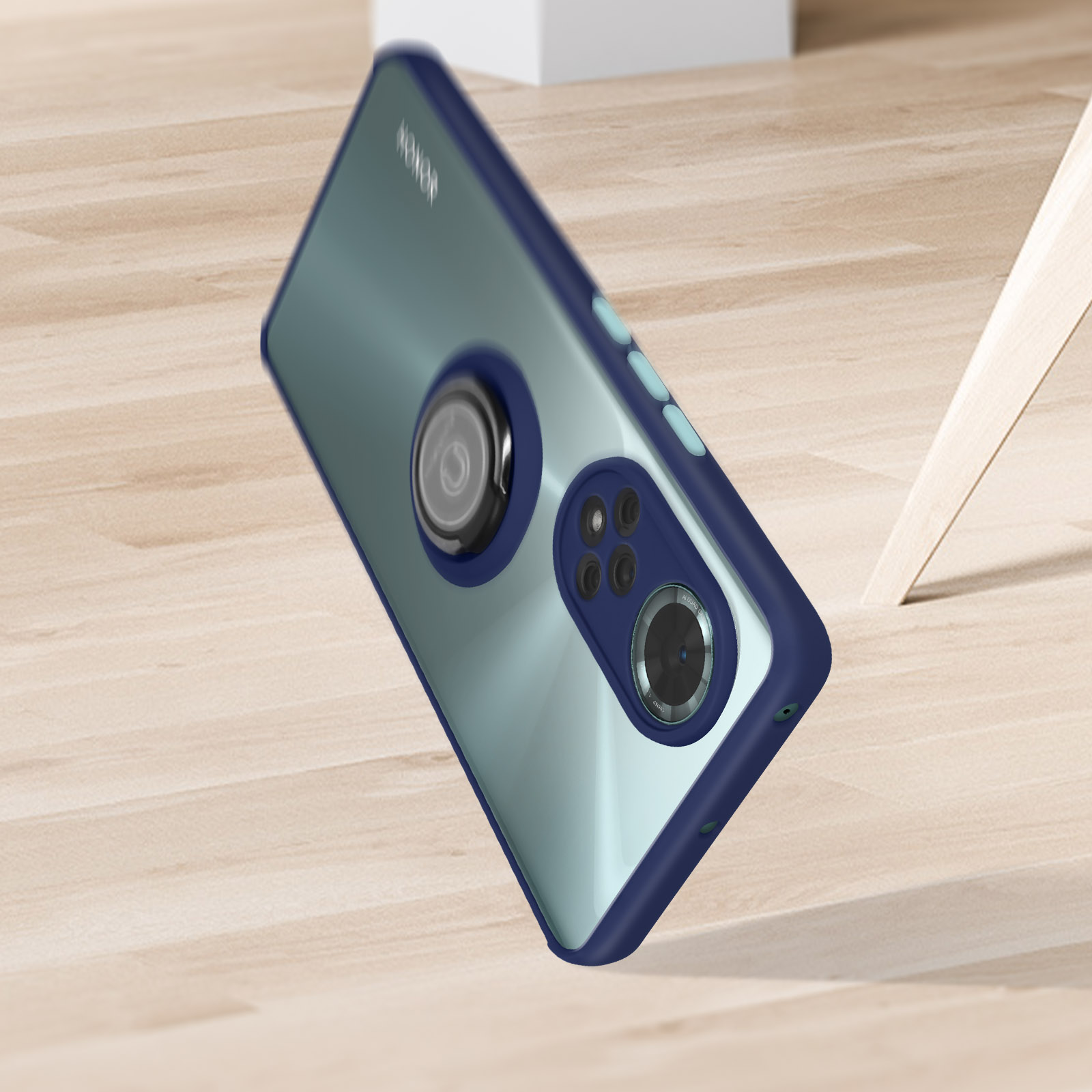 Custodia blu e grigia per telefono su superficie in legno, con sfondo sfocato.