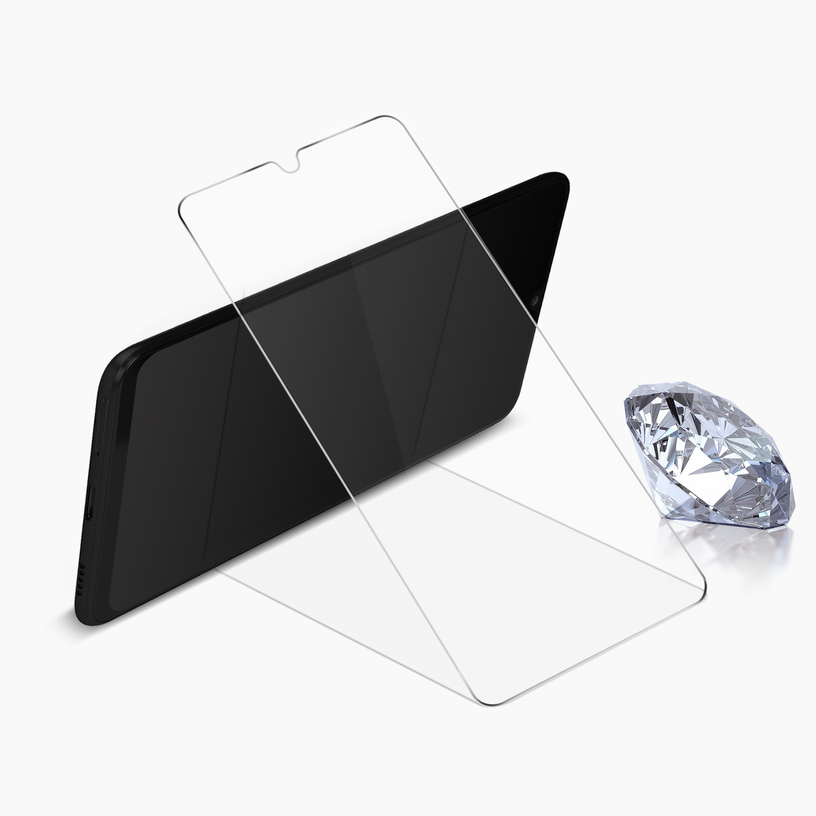 Un telefono nero con una protezione per lo schermo e un diamante. Sfondo bianco.