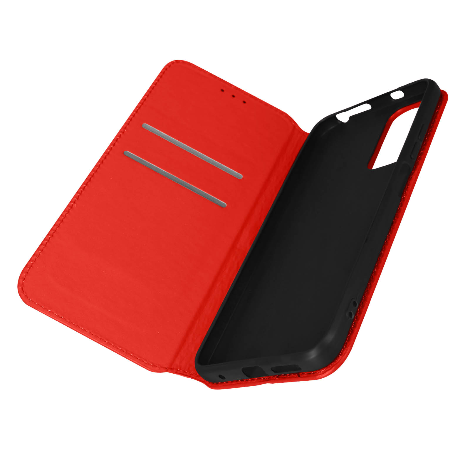 Étui de téléphone rouge, ouvert, révélant le support de téléphone noir et les fentes pour cartes. Sur une surface blanche.